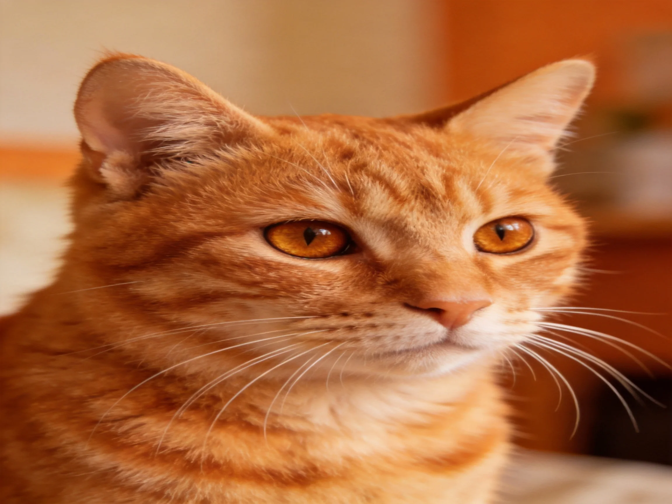 An orange tabby cat looks calm in a softly lit room.
