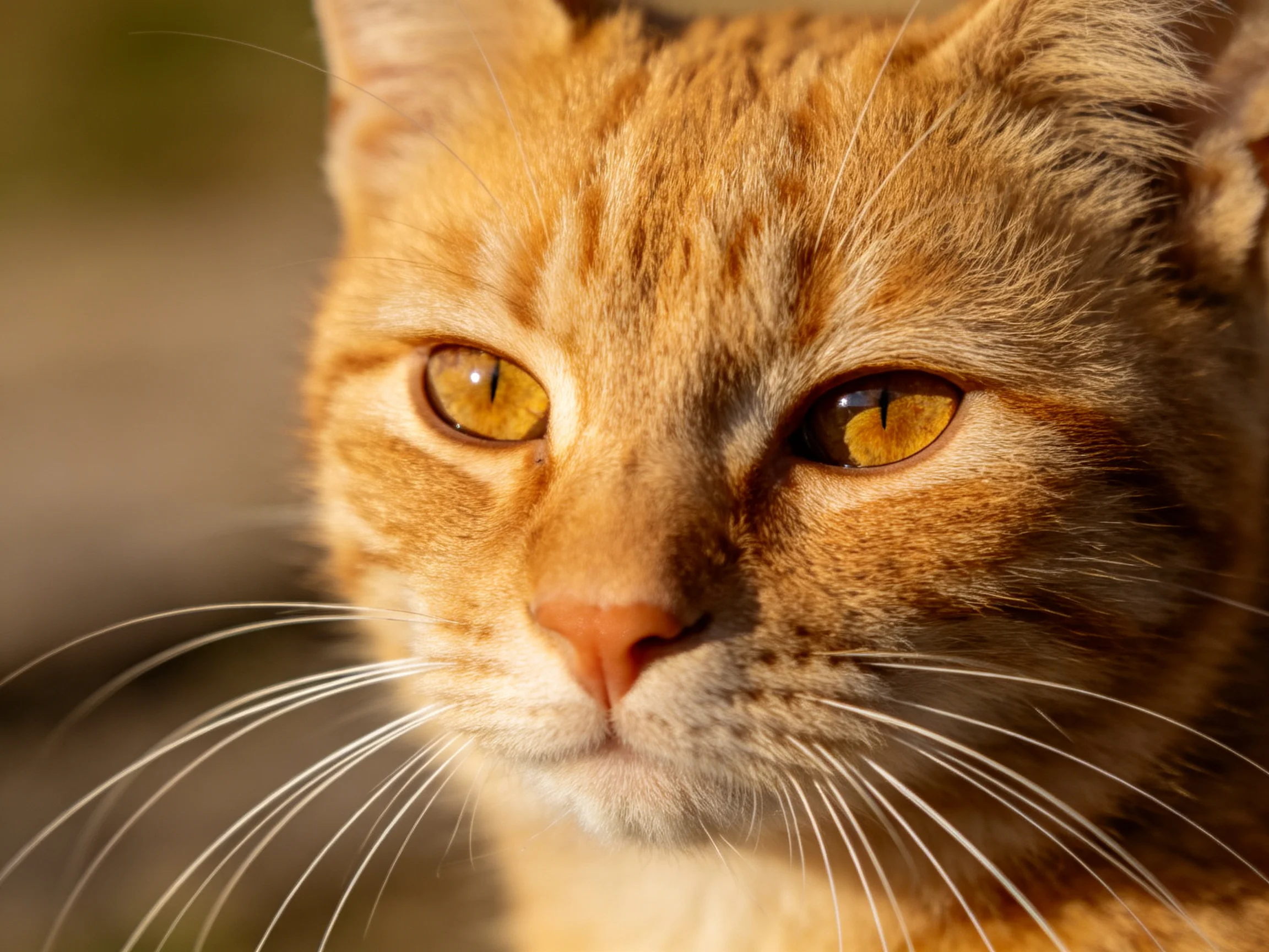 A close - up focuses on an orange tabby cat with amber eyes.