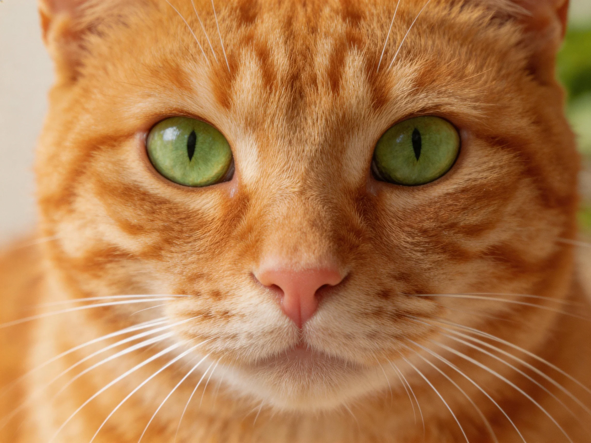 A close - up shows an orange tabby cat with bright green eyes.