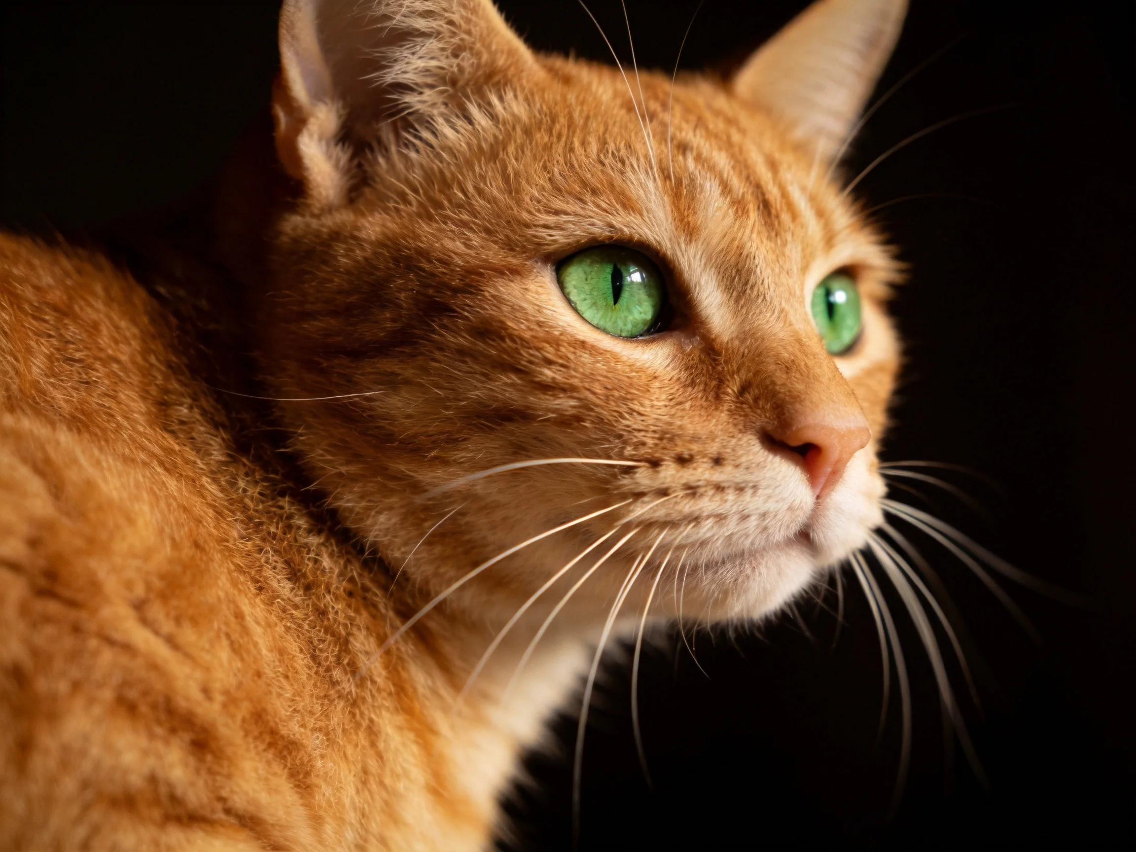 An orange tabby cat with bright green eyes is shown in profile against a dark background.