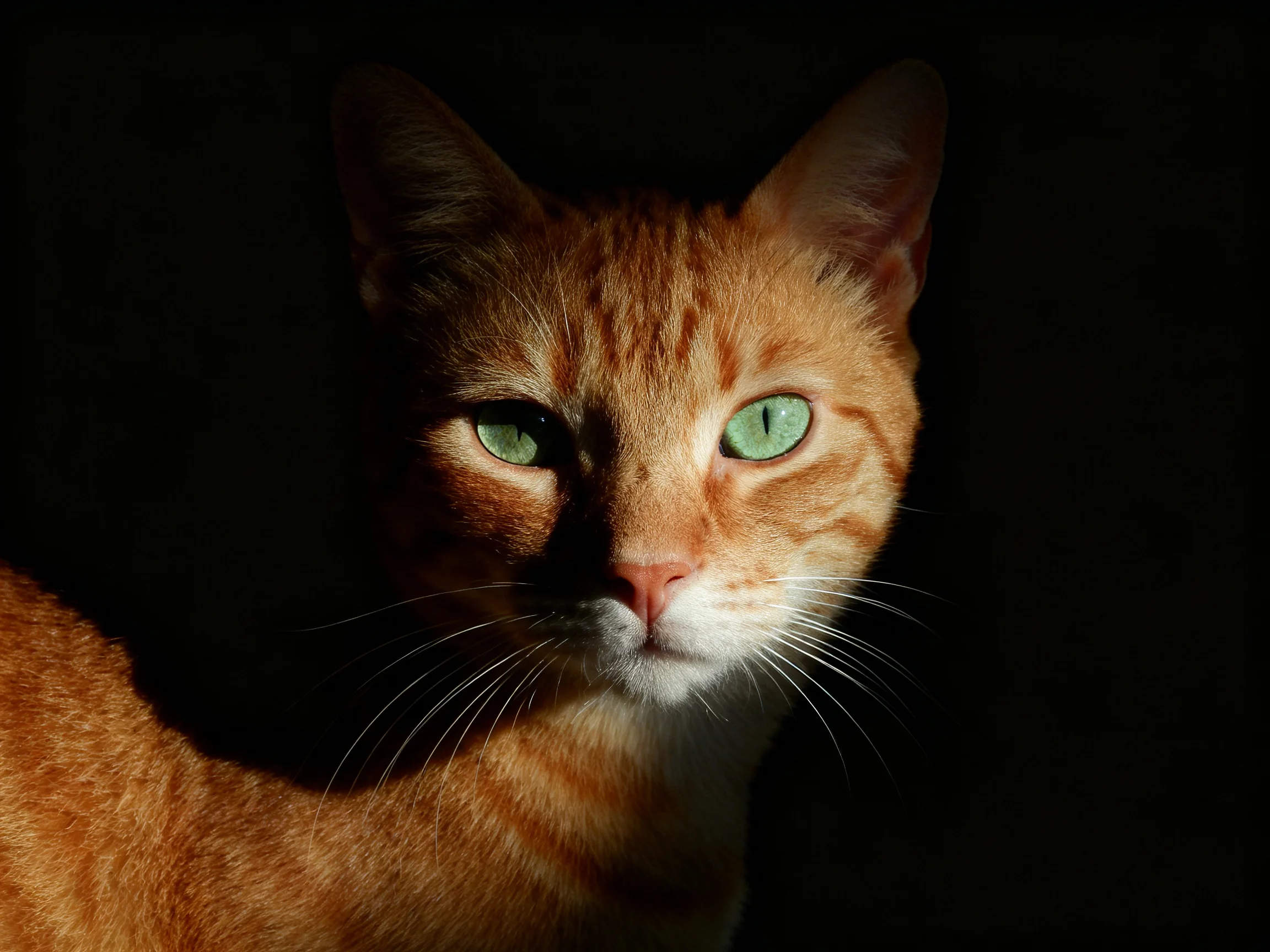 A close - up of an orange tabby cat with green eyes is photographed against a dark background.