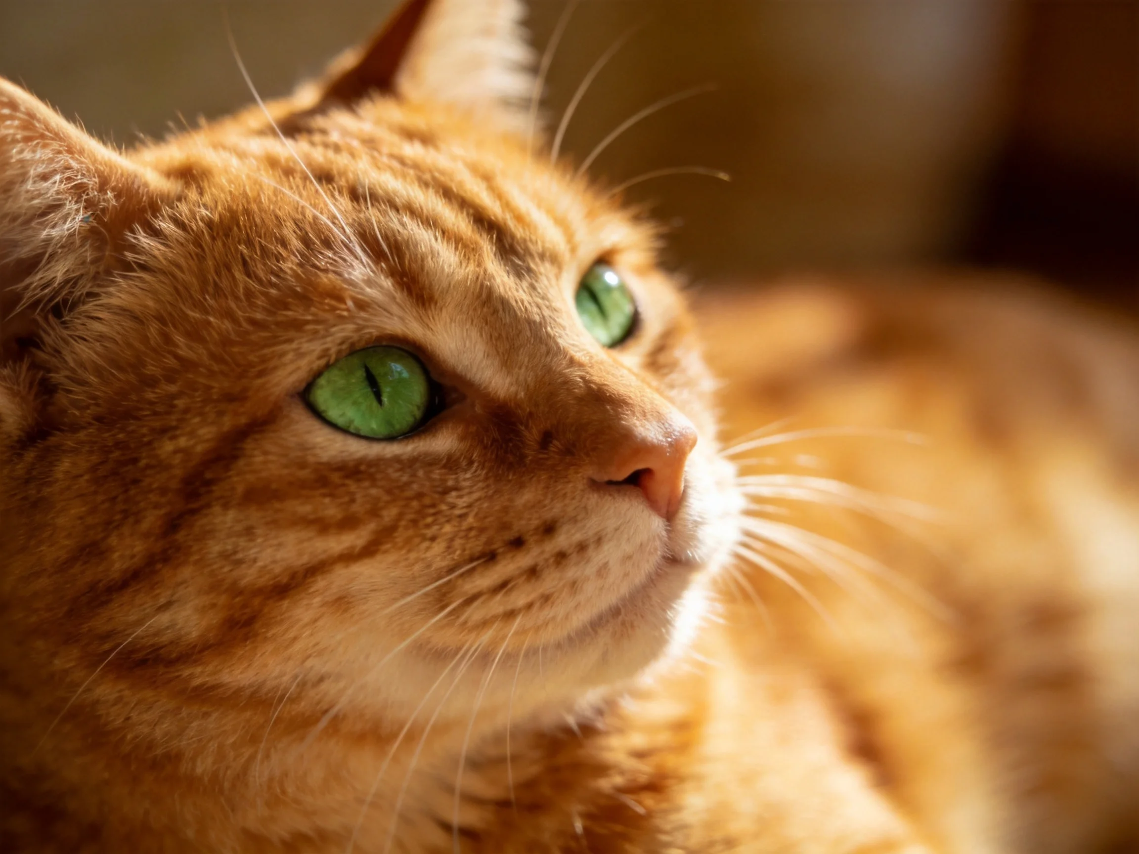 An orange tabby cat with green eyes gazes thoughtfully.