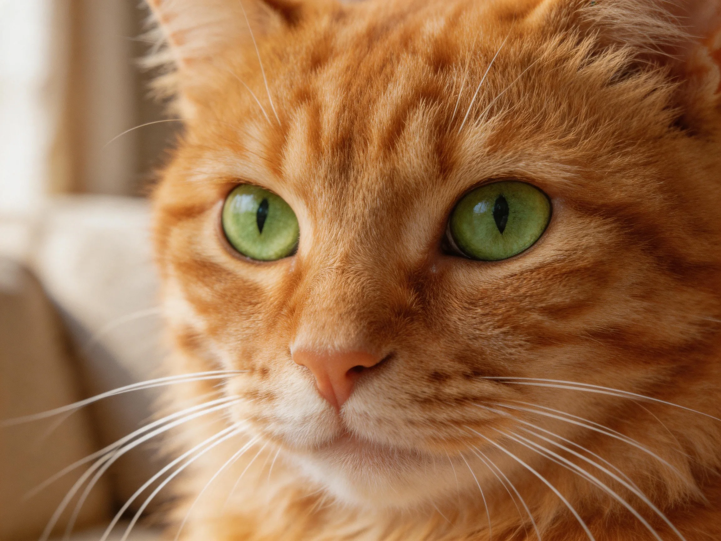 An orange tabby cat with green eyes is shown in a close - up.