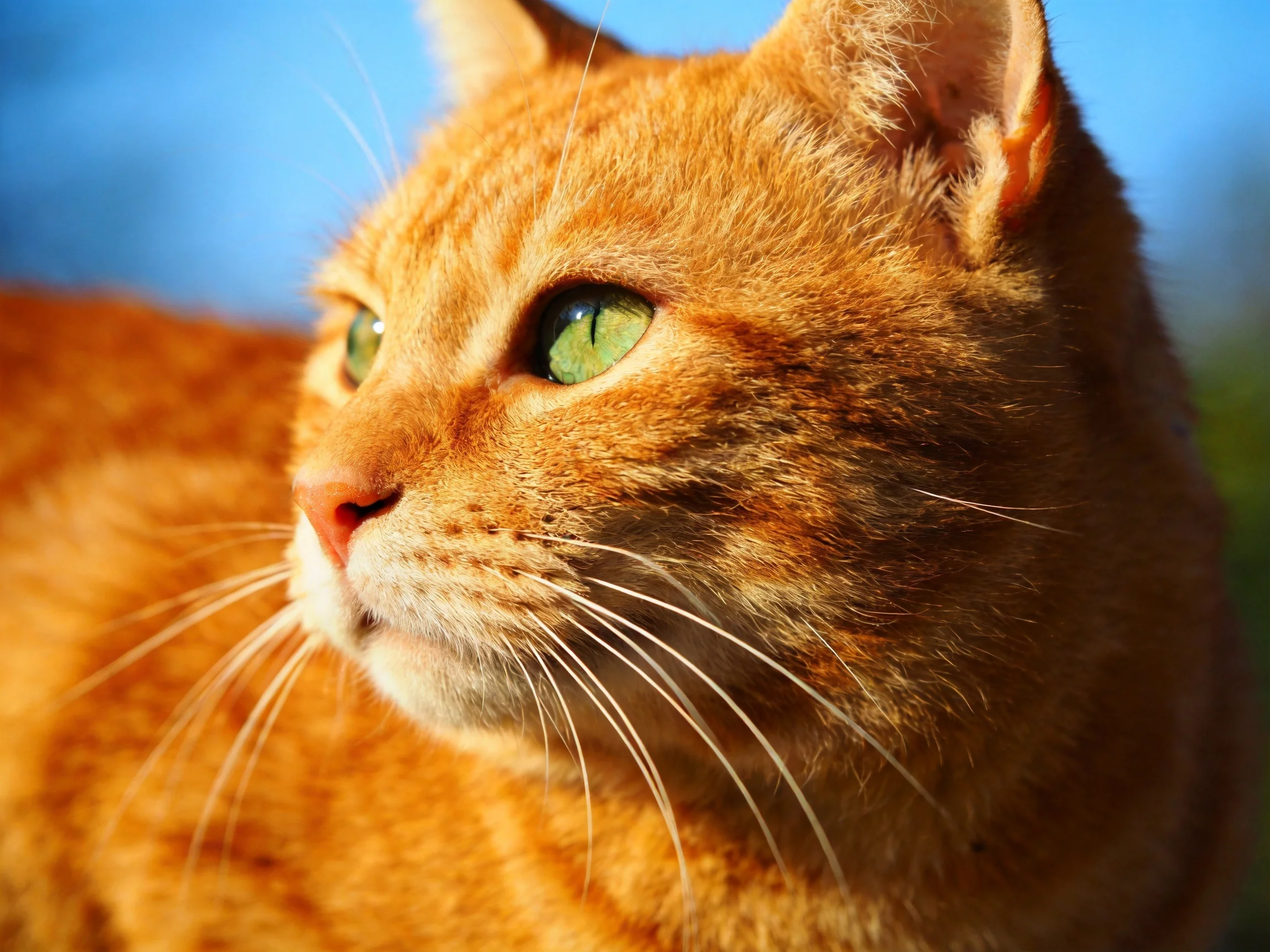A close - up shows an orange tabby cat with green eyes looking into the distance.