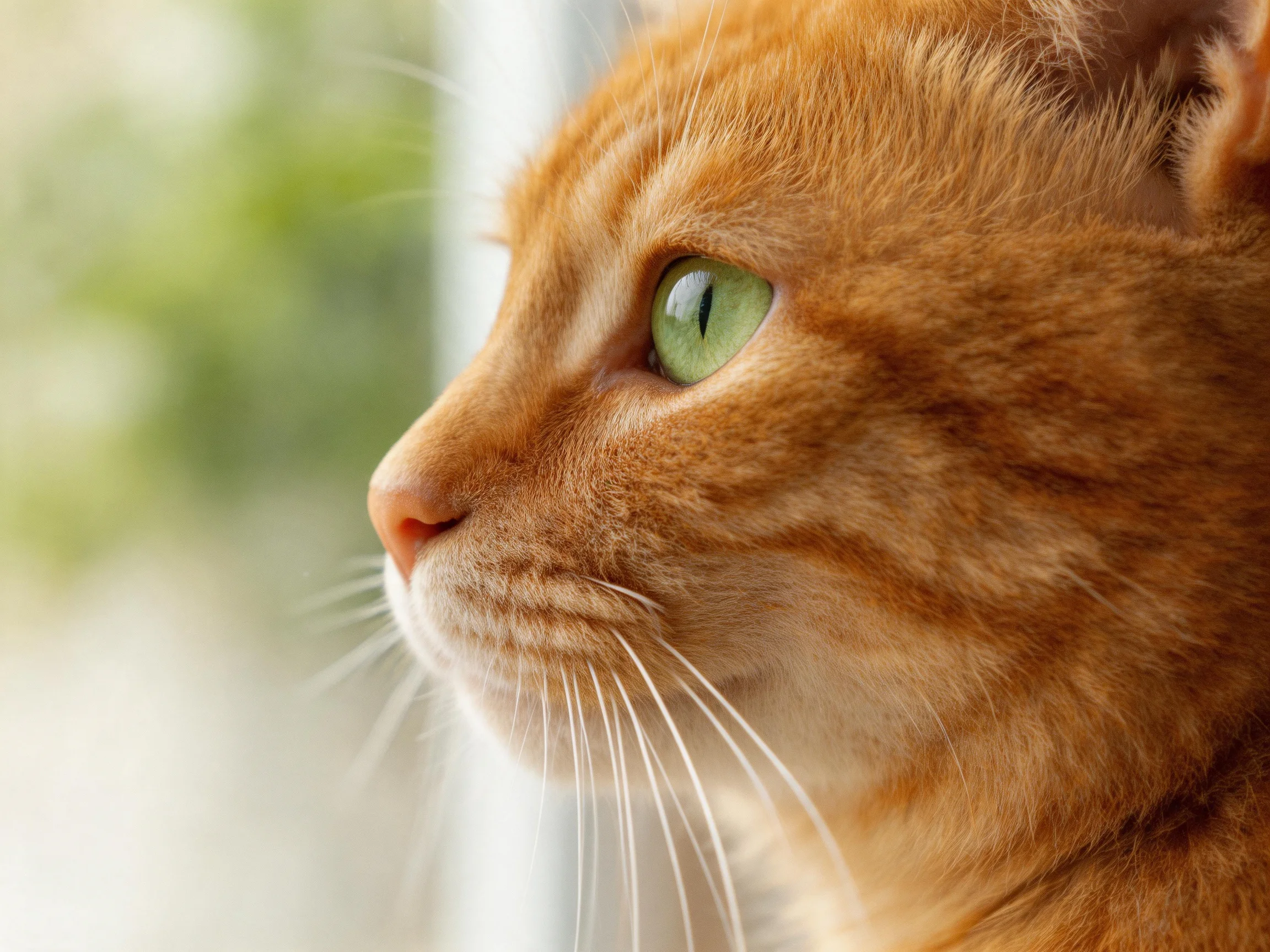 An orange tabby cat gazes contemplatively against a blurred backdrop.