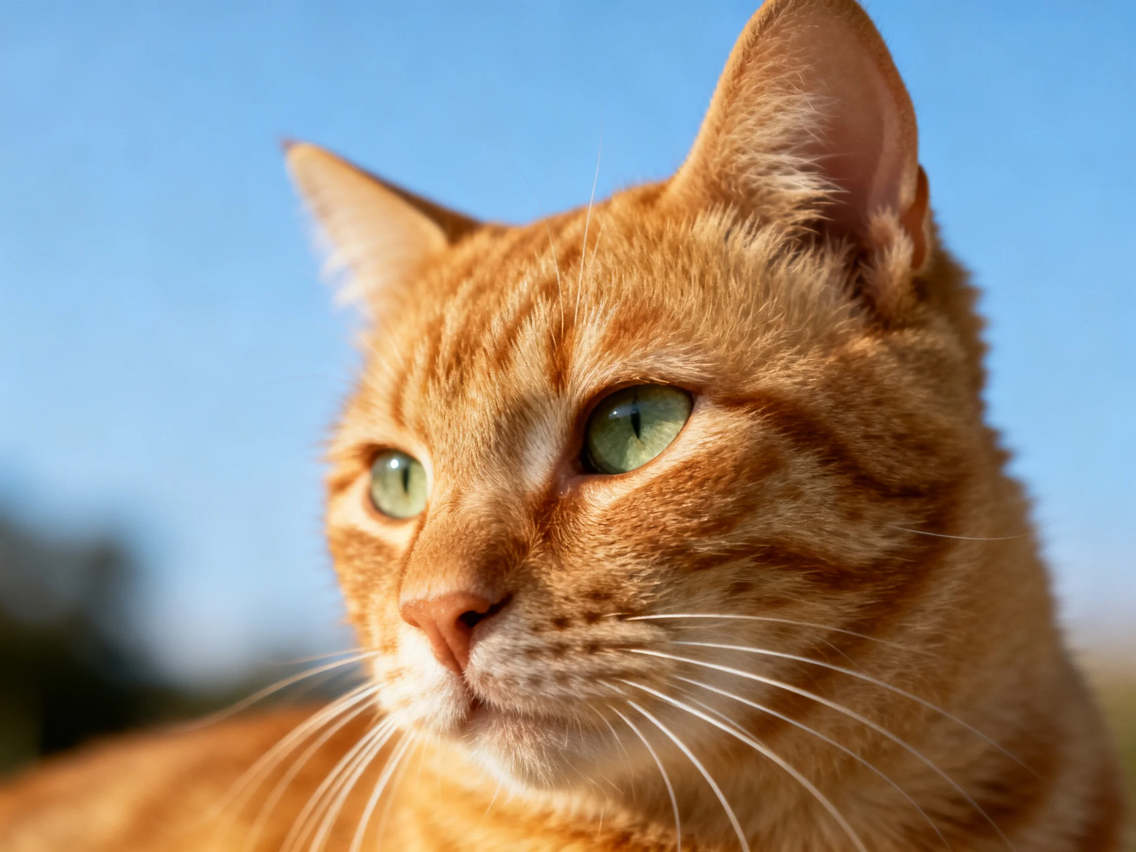 An orange tabby cat gazes thoughtfully under a clear blue sky.
