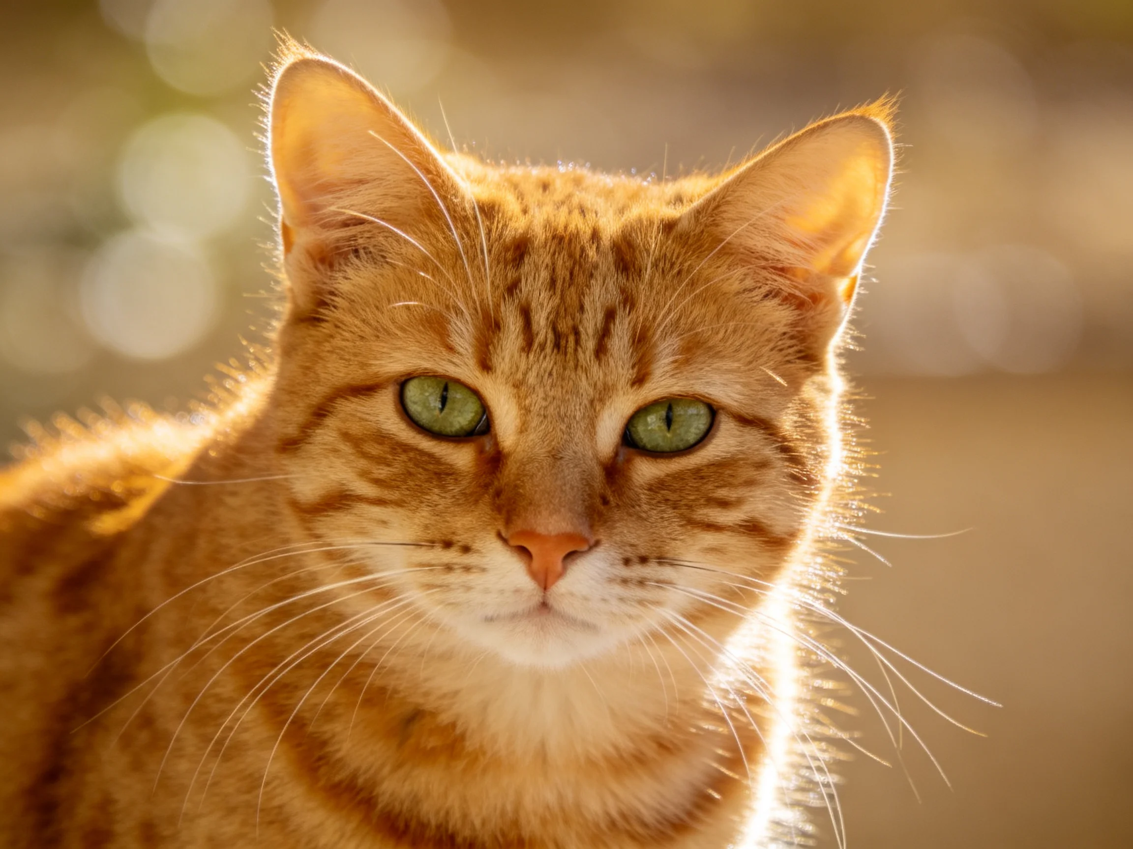 An orange tabby cat with bright green eyes is shown in a close - up photograph.