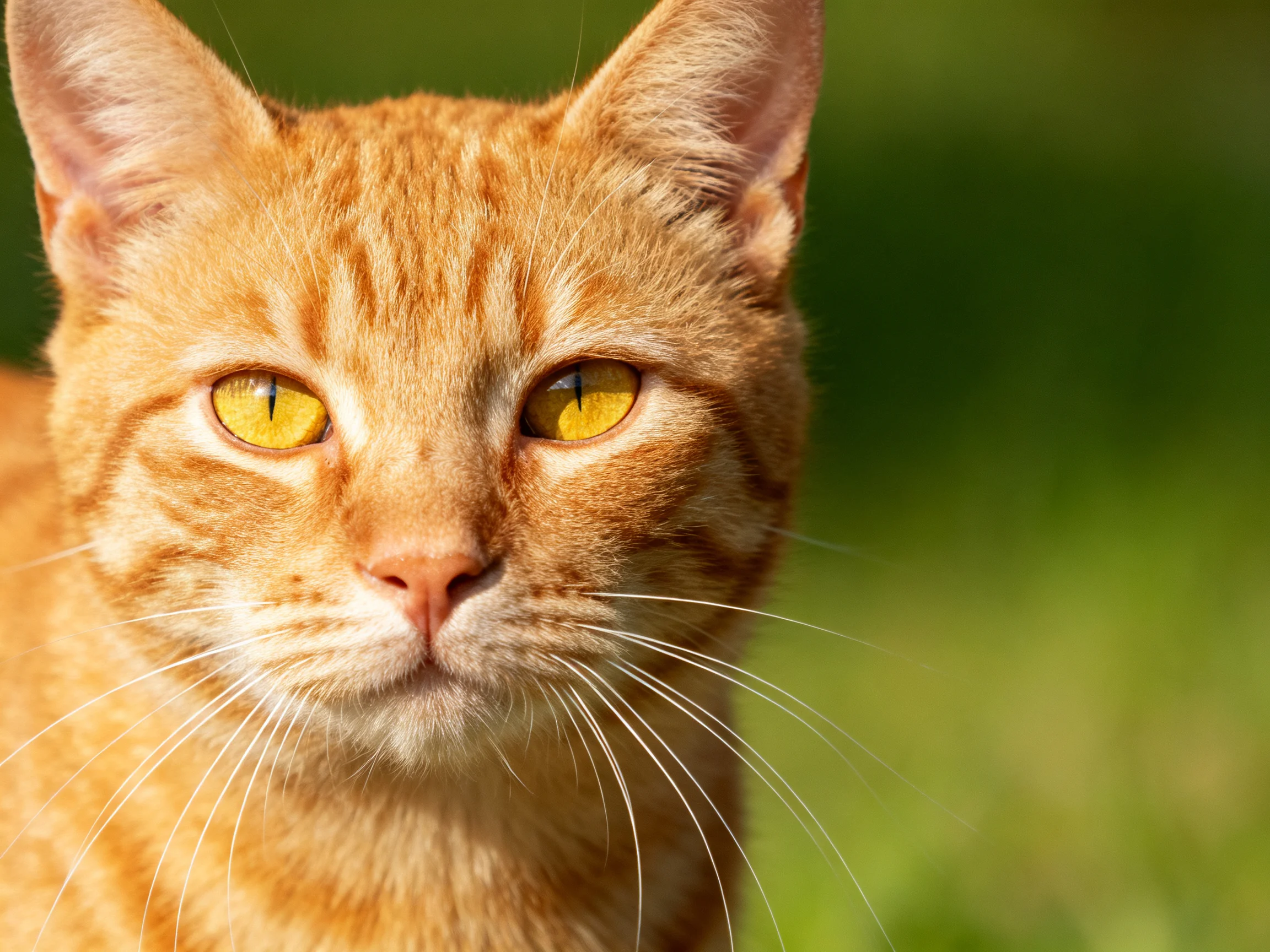 An orange tabby cat with yellow eyes is shown up close against a green background.