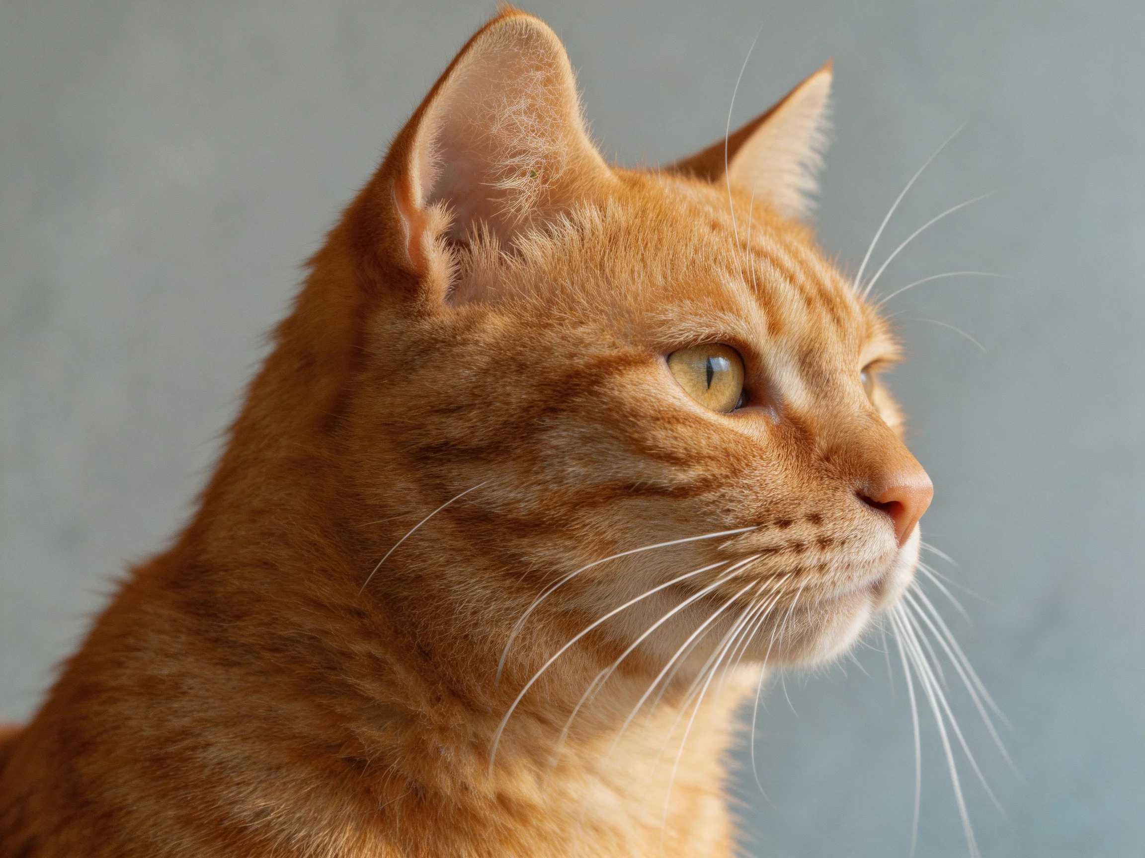 An orange tabby cat gazes attentively against a plain gray background.