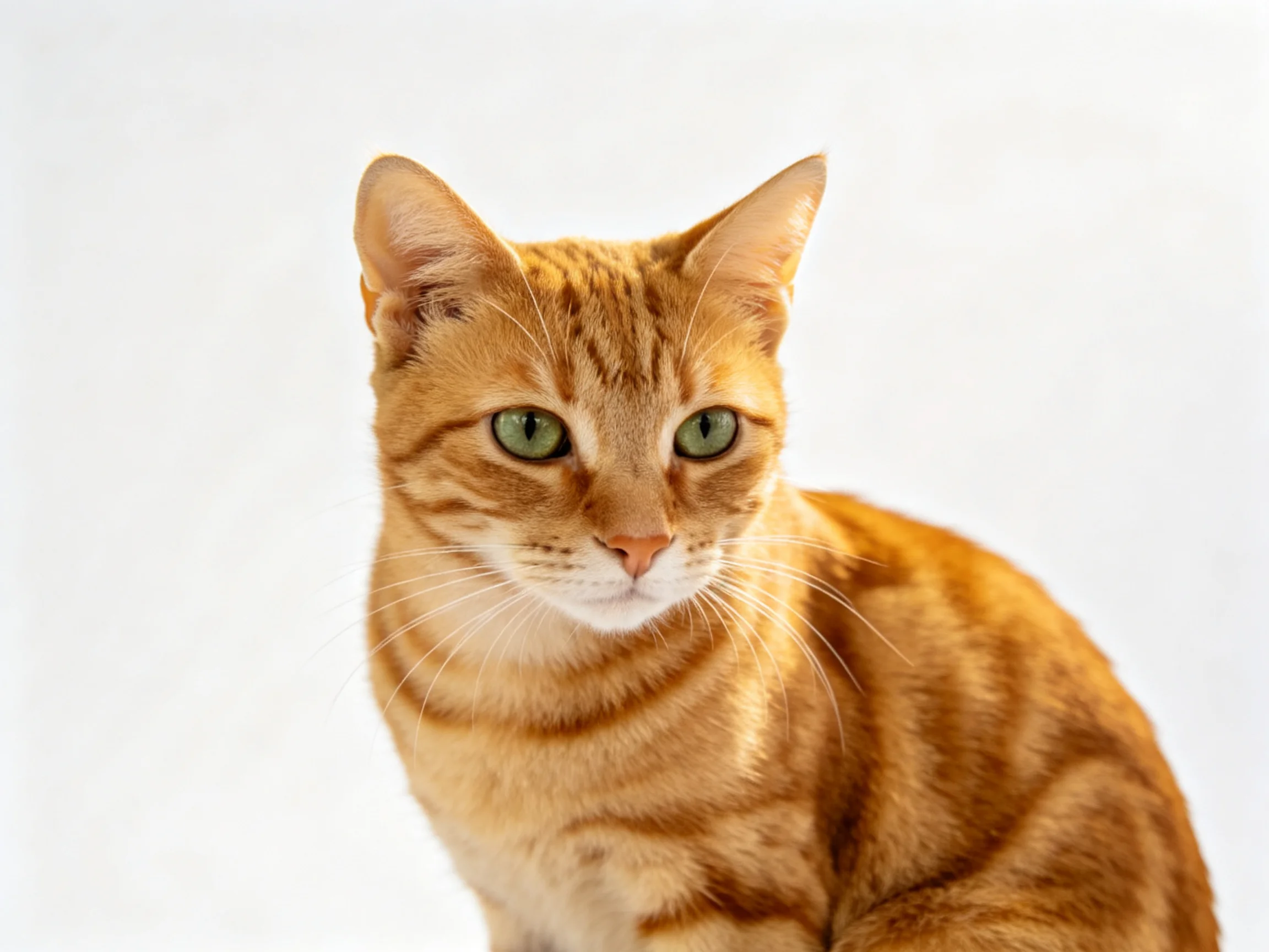 An orange tabby cat with green eyes sits against a plain white backdrop.
