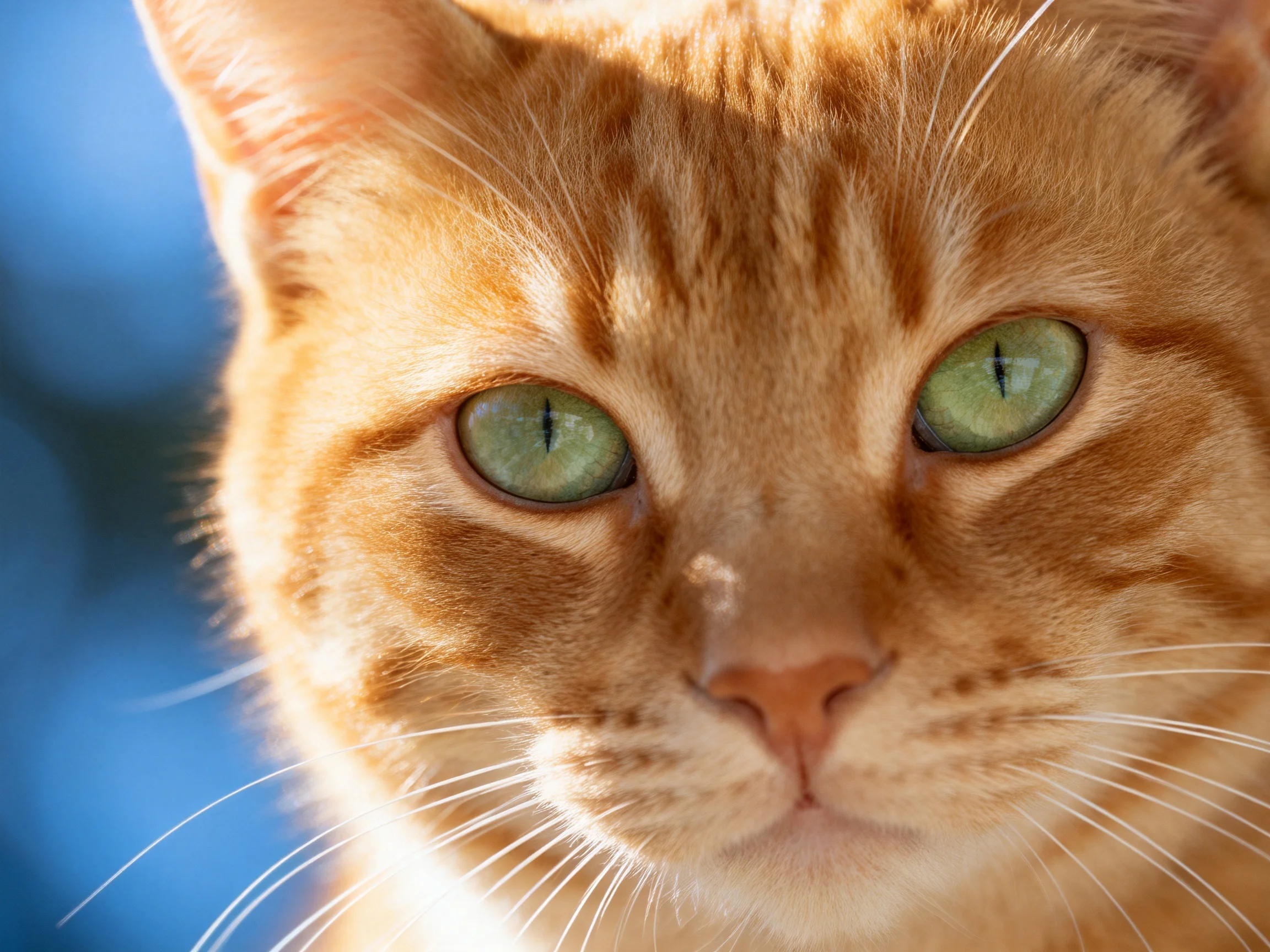 A close - up of an orange tabby cat with vibrant green eyes.