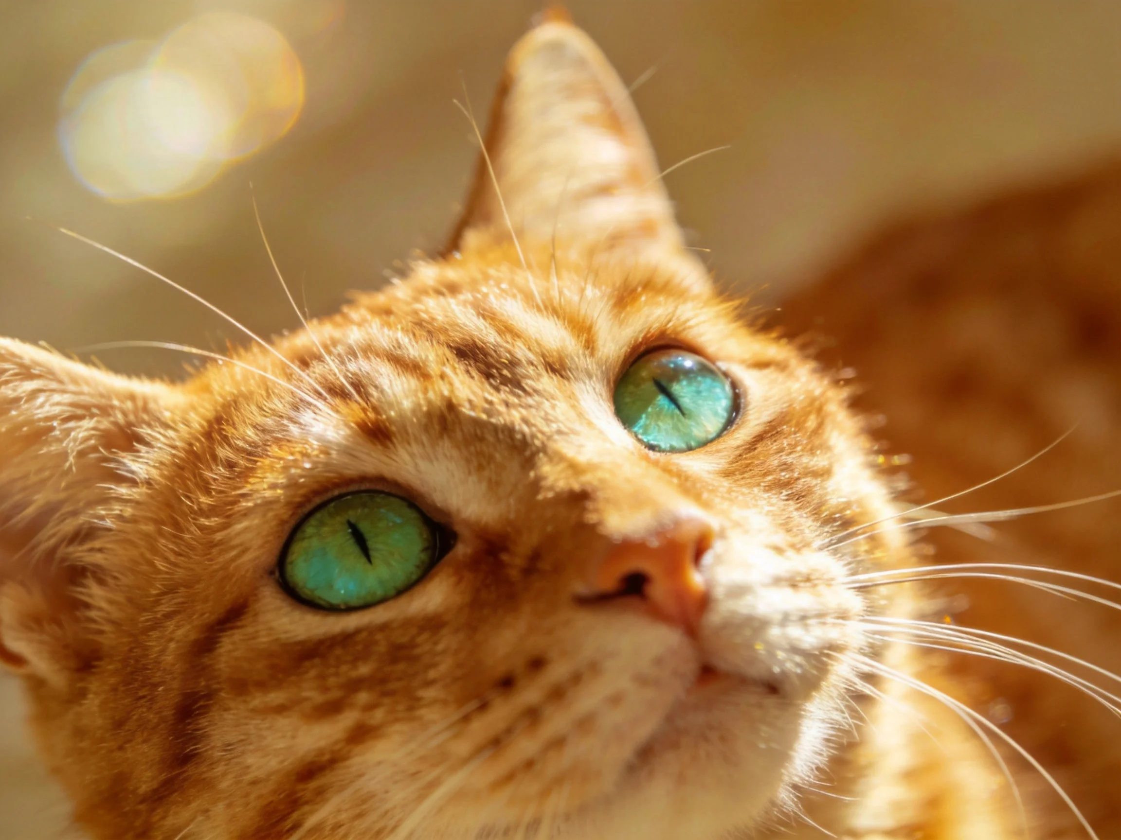 An orange tabby cat gazes upward with vibrant turquoise eyes in warm lighting.