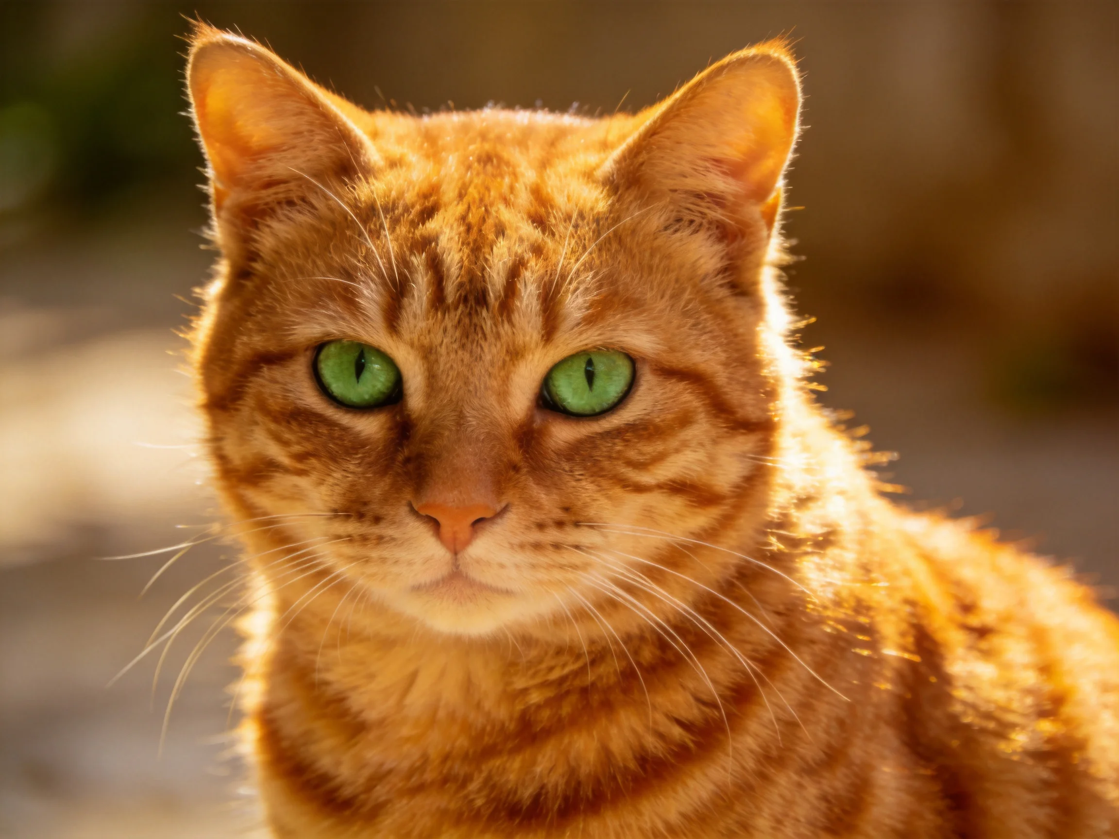 An orange tabby cat with vivid green eyes is photographed up close outdoors.