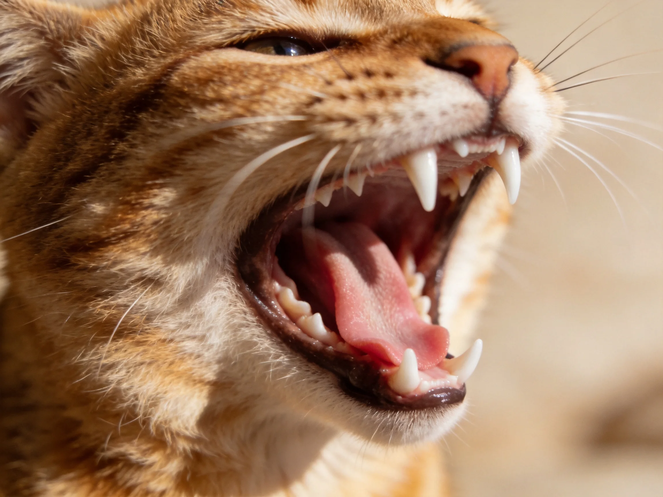 An orange tabby cat yawns widely while displaying its teeth and tongue.