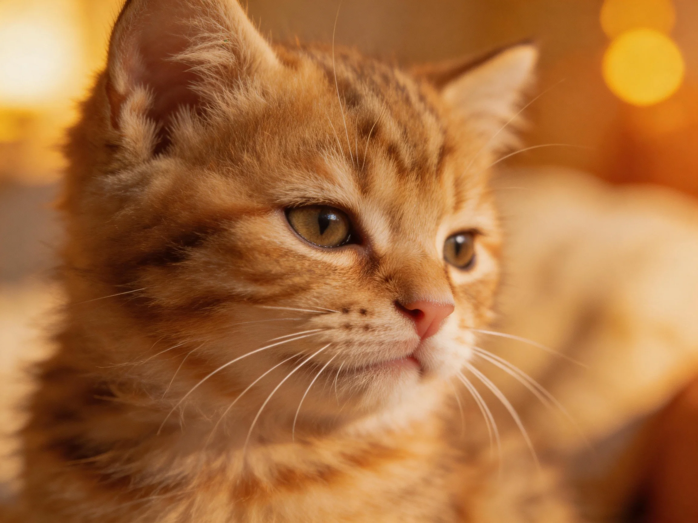 An orange tabby kitten looks contemplative in a warmly lit area.
