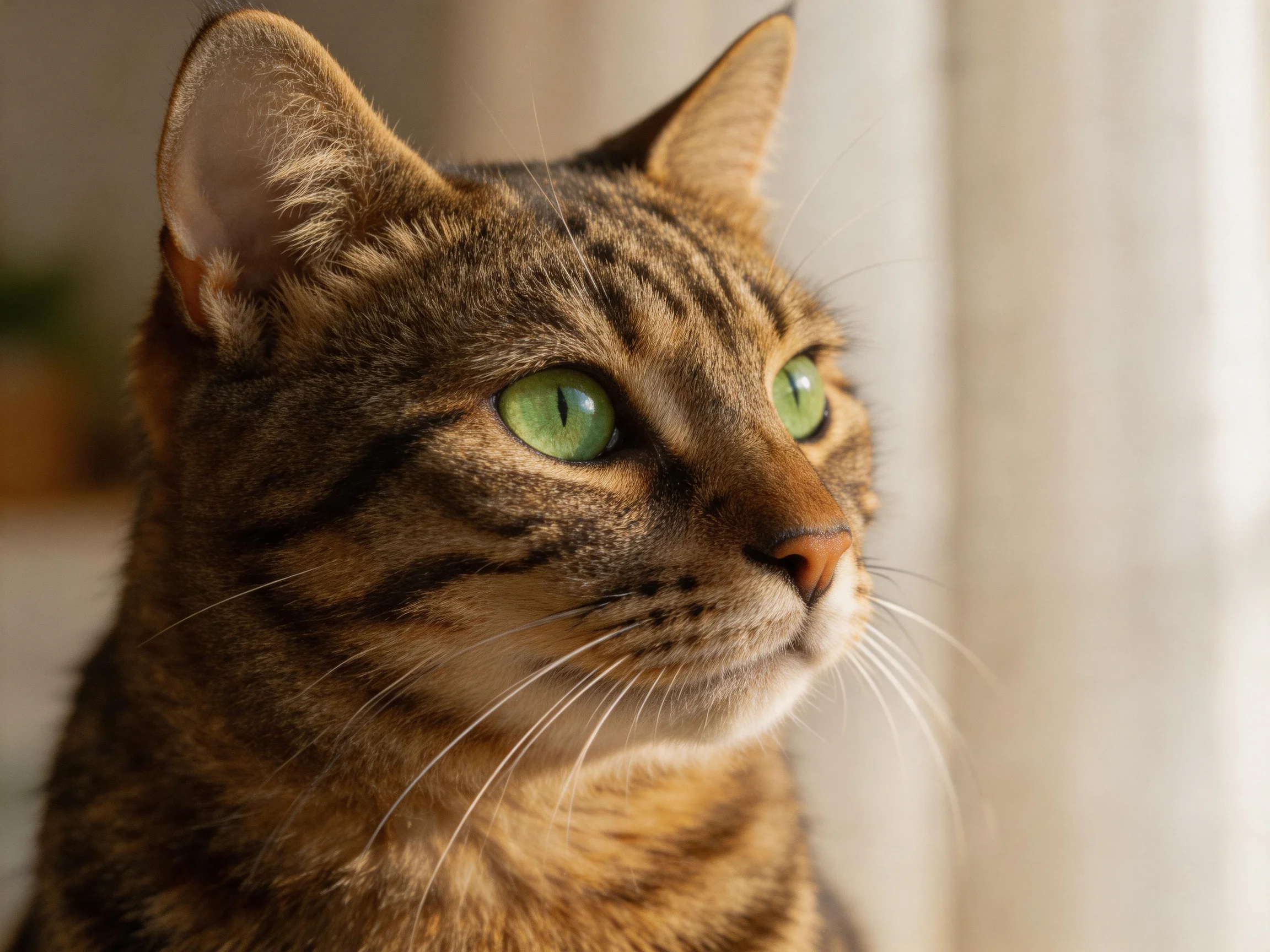 A brown tabby cat with green eyes gazes thoughtfully near a softly lit area.
