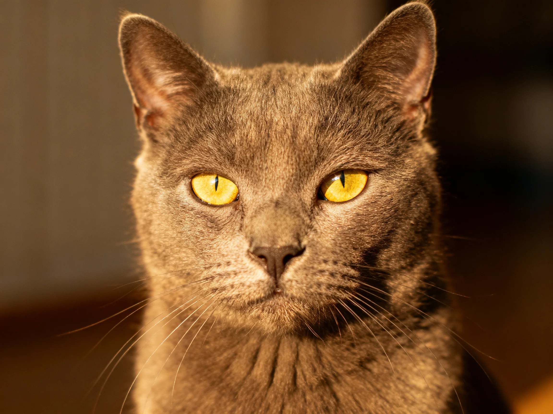 A gray cat with bright yellow eyes is featured in a close - up photograph.