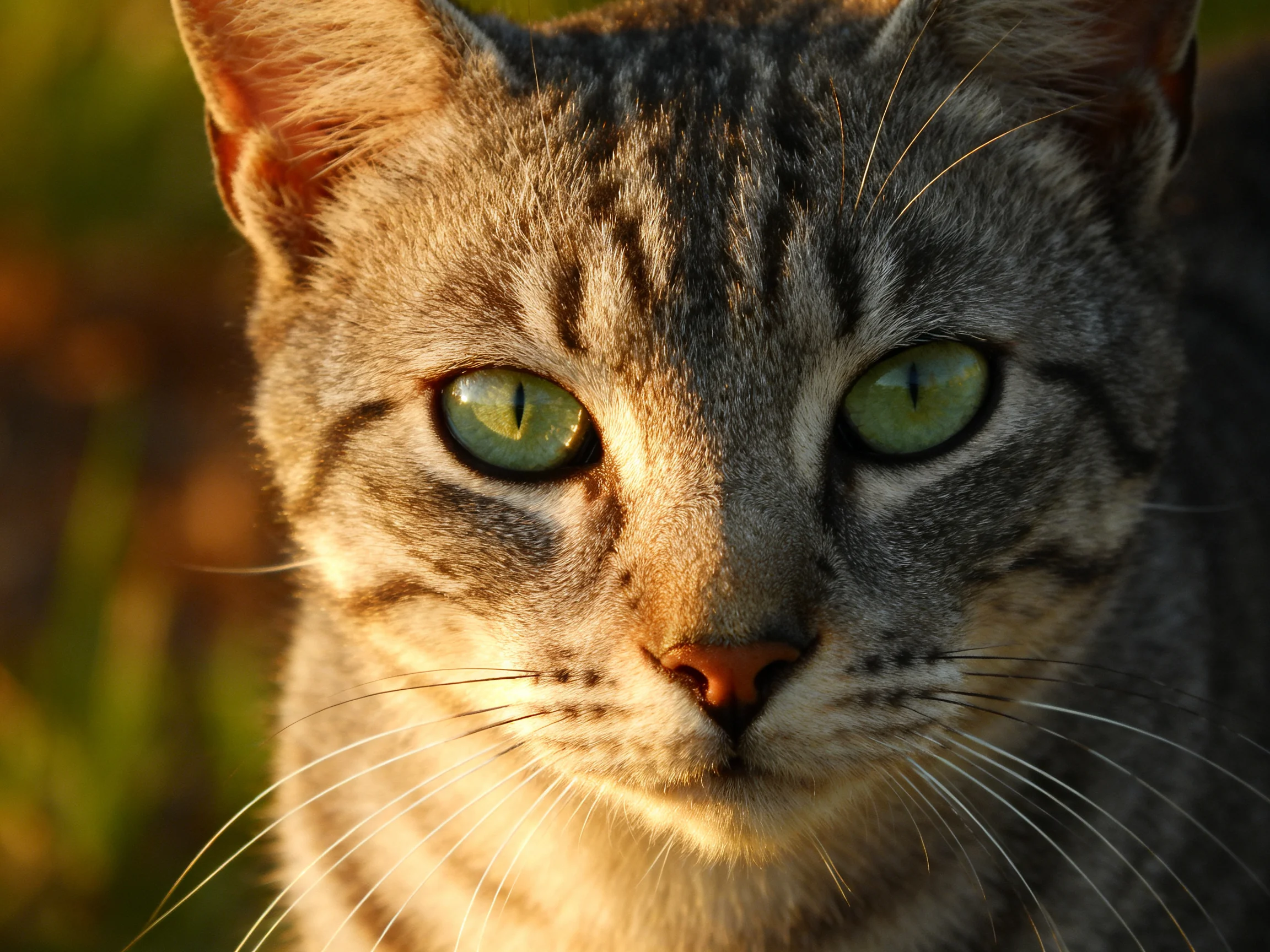A tabby cat with vivid green eyes is photographed in a close - up view.