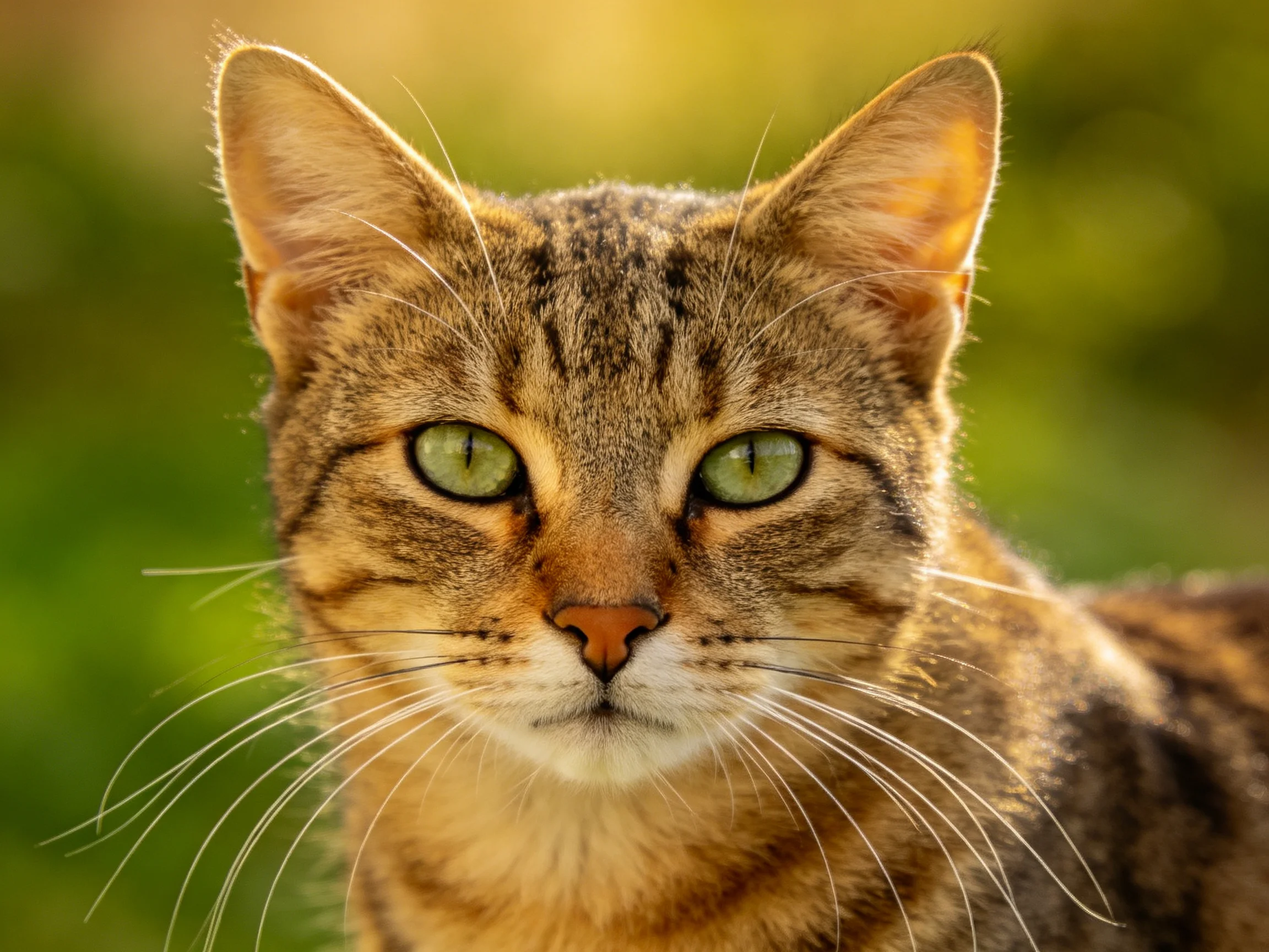 A tabby cat with vivid green eyes looks directly at the camera with a blurred green backdrop.