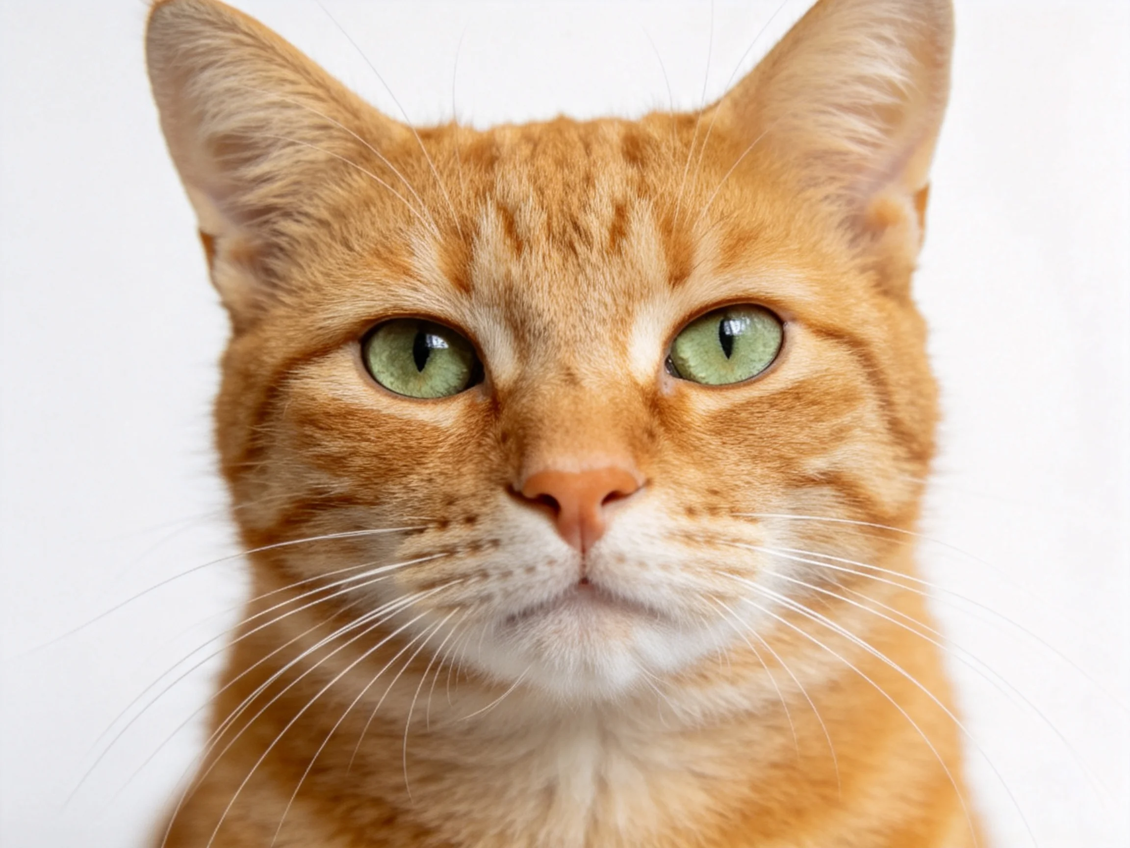 An orange tabby cat looks directly at the camera with striking green eyes.