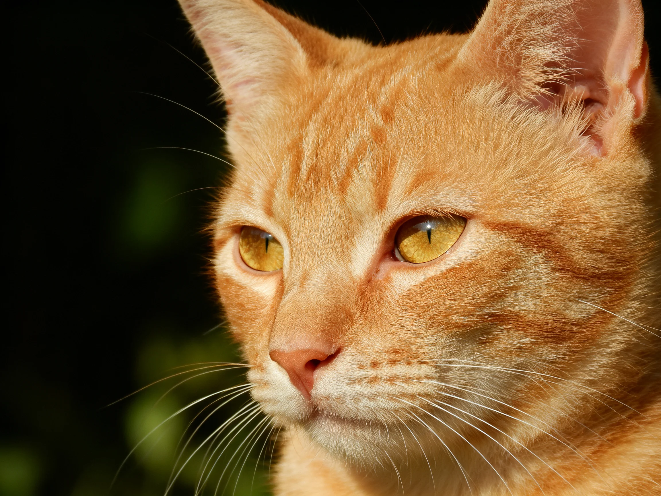 A close - up portrait of an orange tabby cat with yellow eyes.