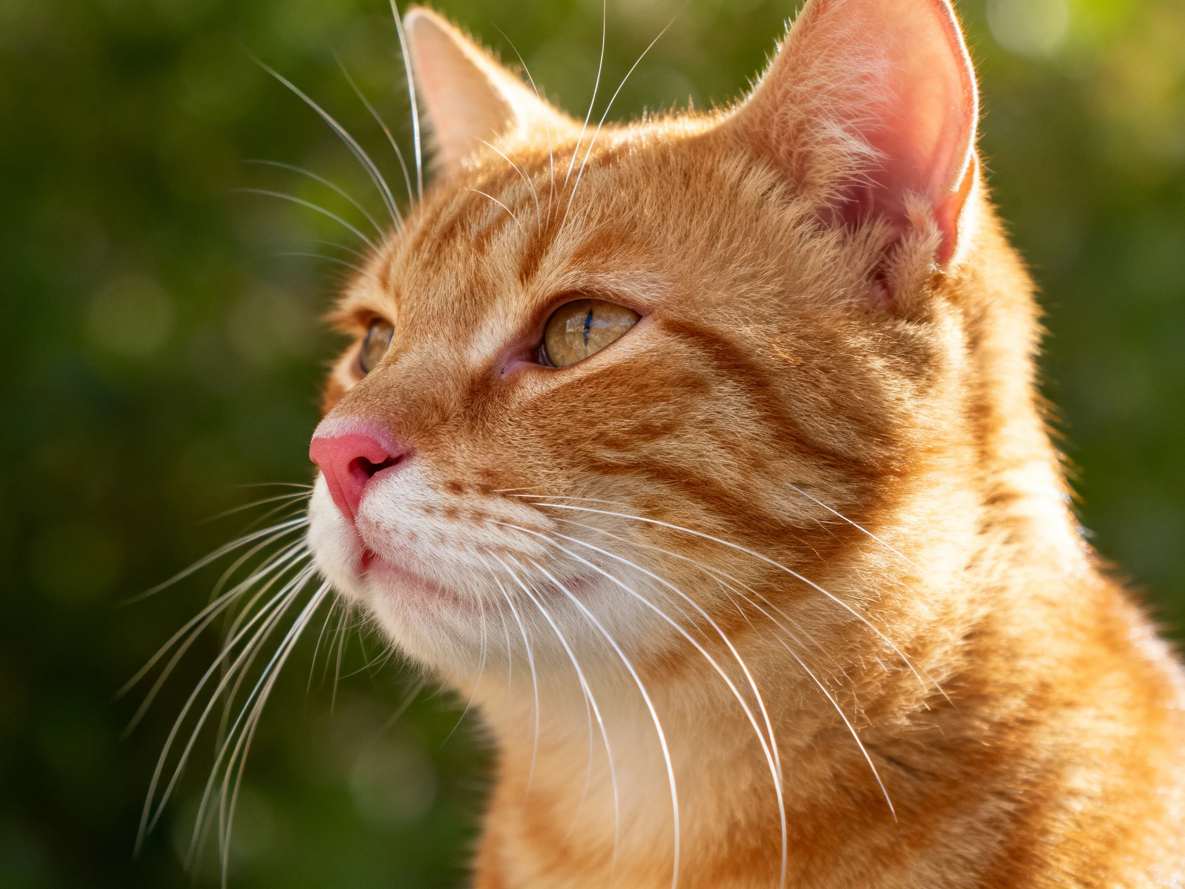 A close - up profile of a vibrant orange tabby cat with a blurred green background