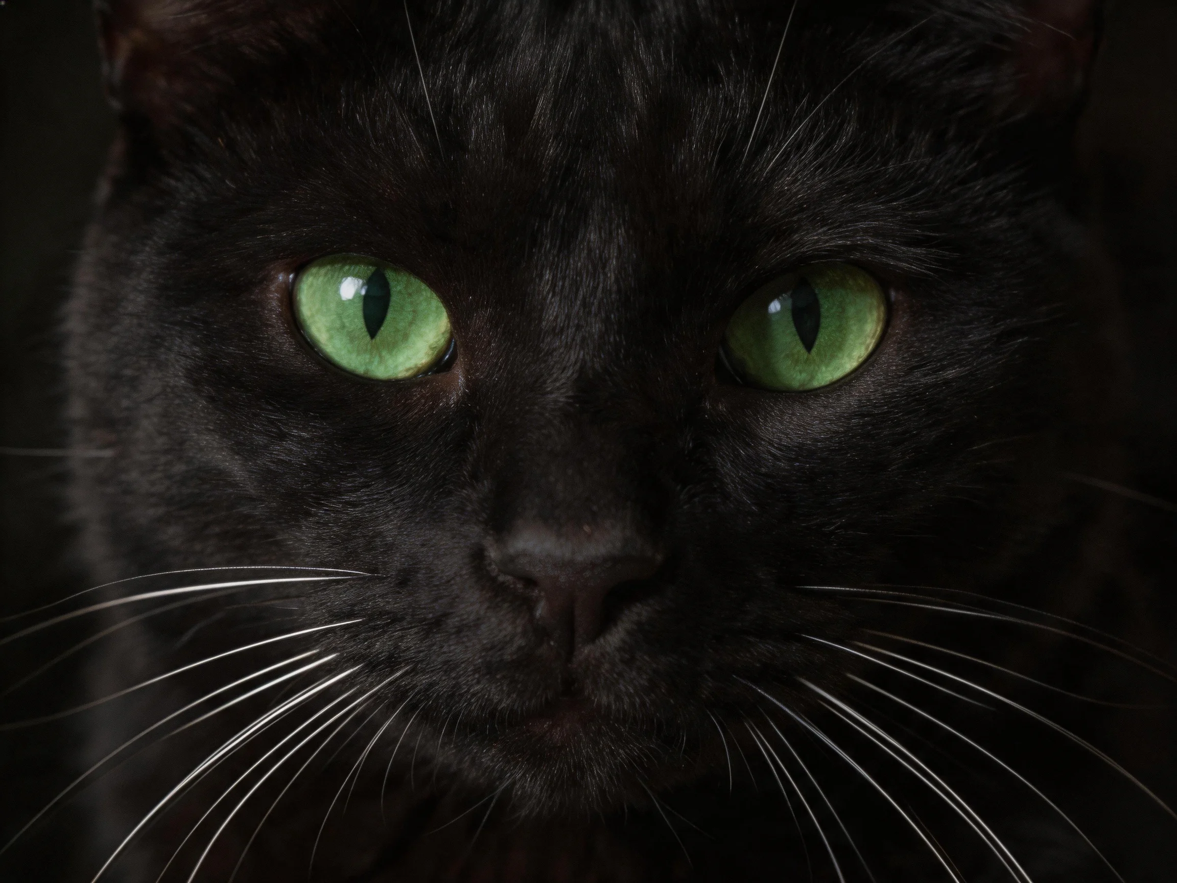 A close-up of a black cat showcasing vibrant green eyes
