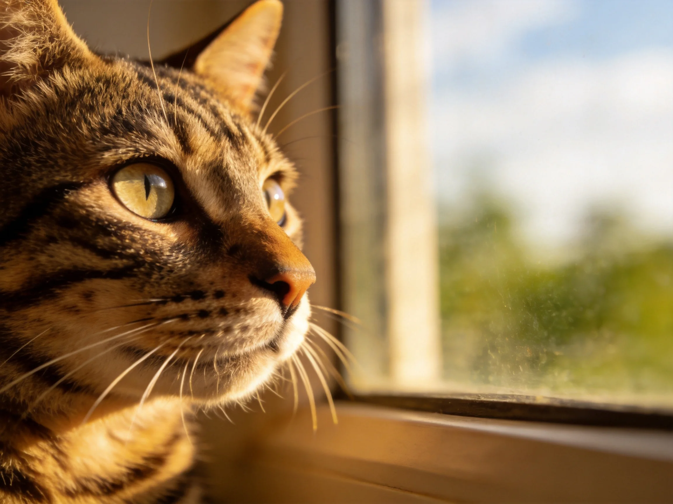 A brown-striped tabby cat gazes out from a sunlit window with an outdoor backdrop.