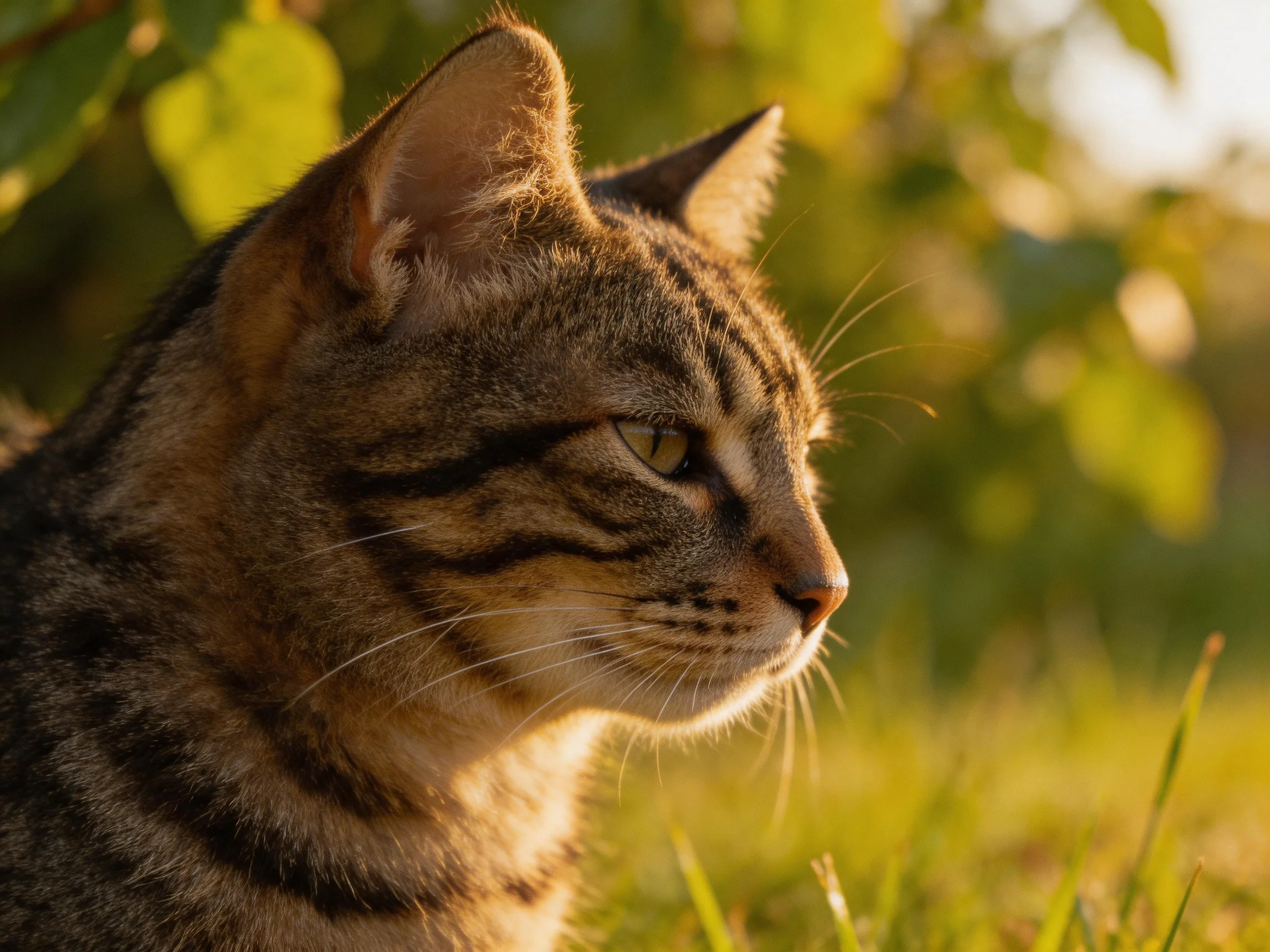 A brown-tabby cat attentively observes its surroundings in a sunlit outdoor space.