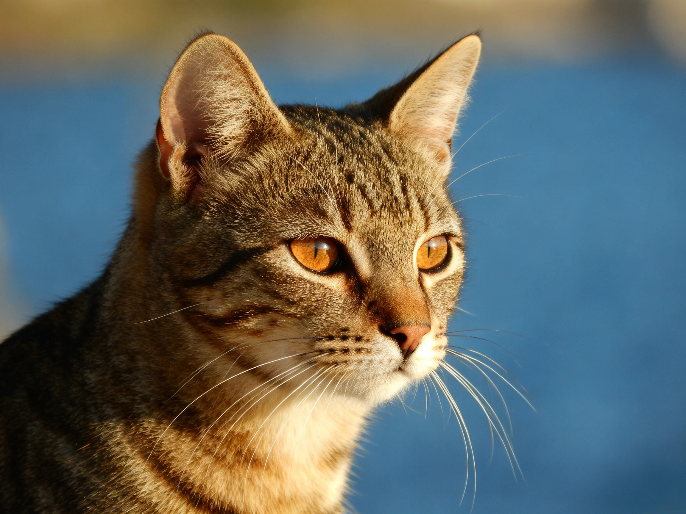 A brown tabby cat with amber eyes is shown up close against a blue background.