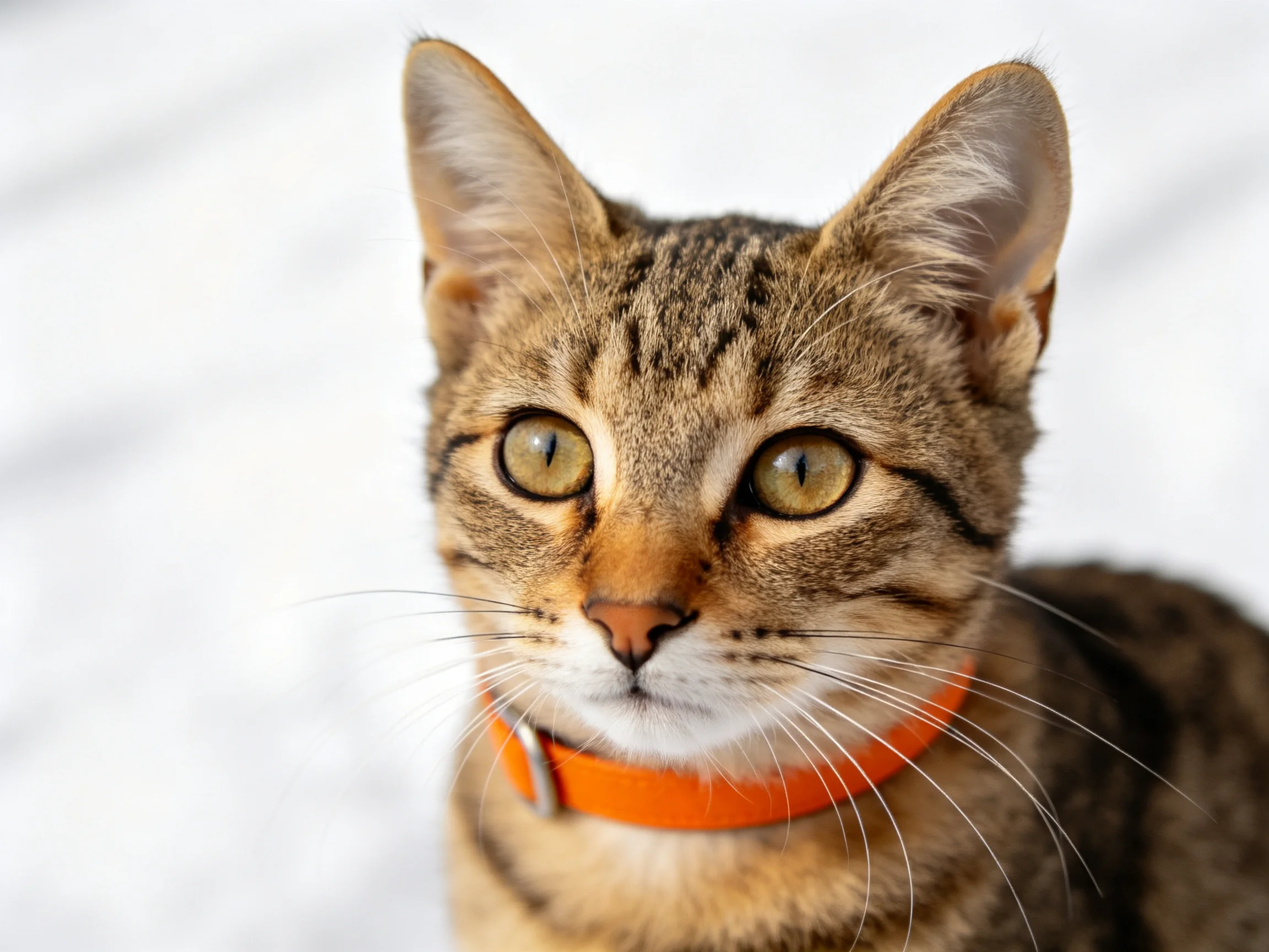 A brown tabby cat with an orange collar is photographed closely.