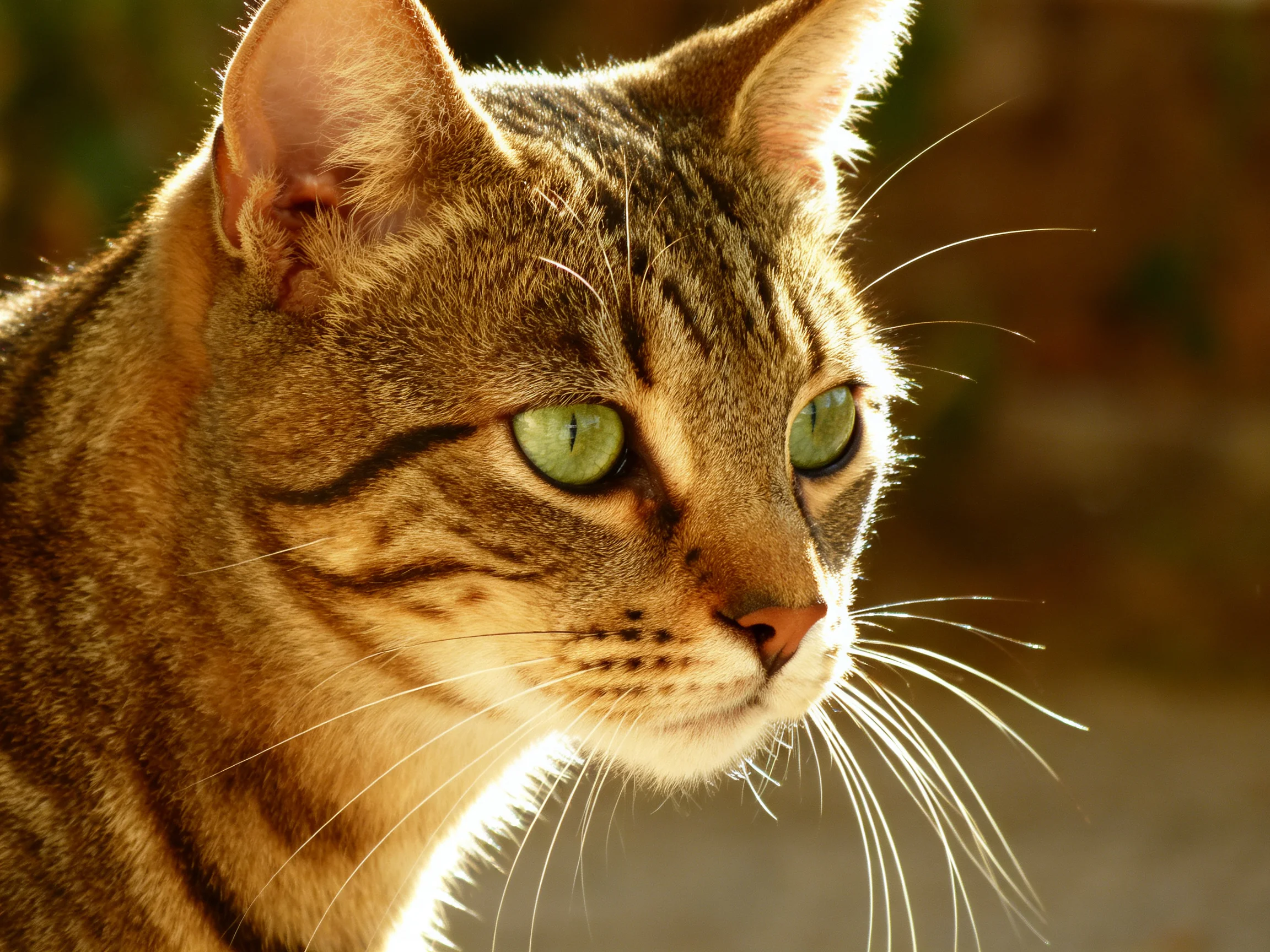 A close-up of a brown tabby cat with bright green eyes in a sunlit setting.