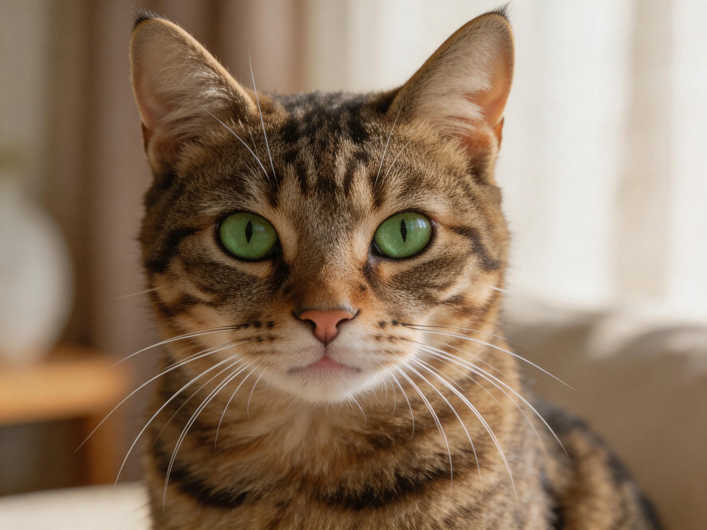 A brown tabby cat with bright green eyes is shown up close in a softly lit room.