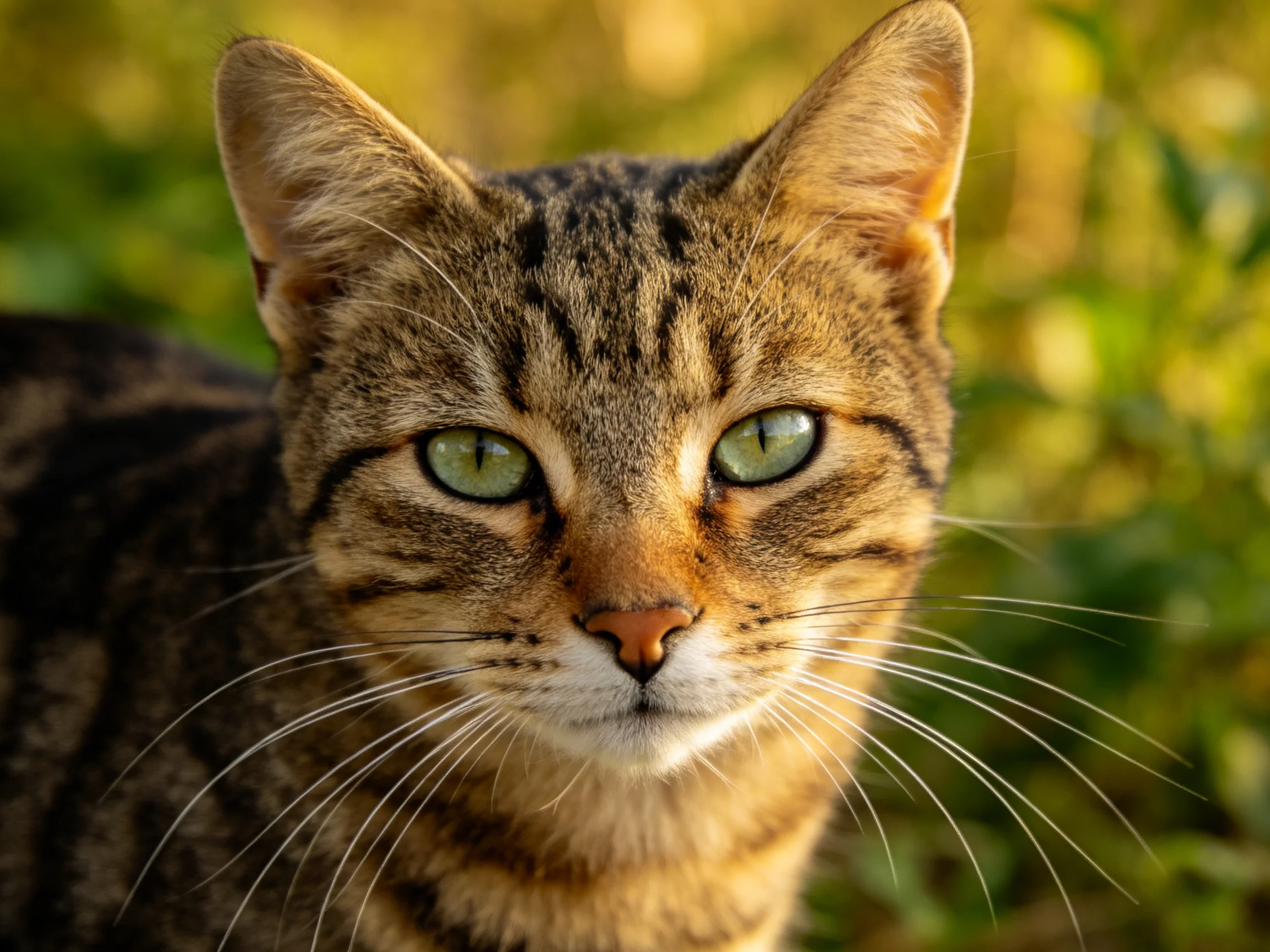 A brown tabby cat with green eyes is photographed up close in a sunlit outdoor setting.