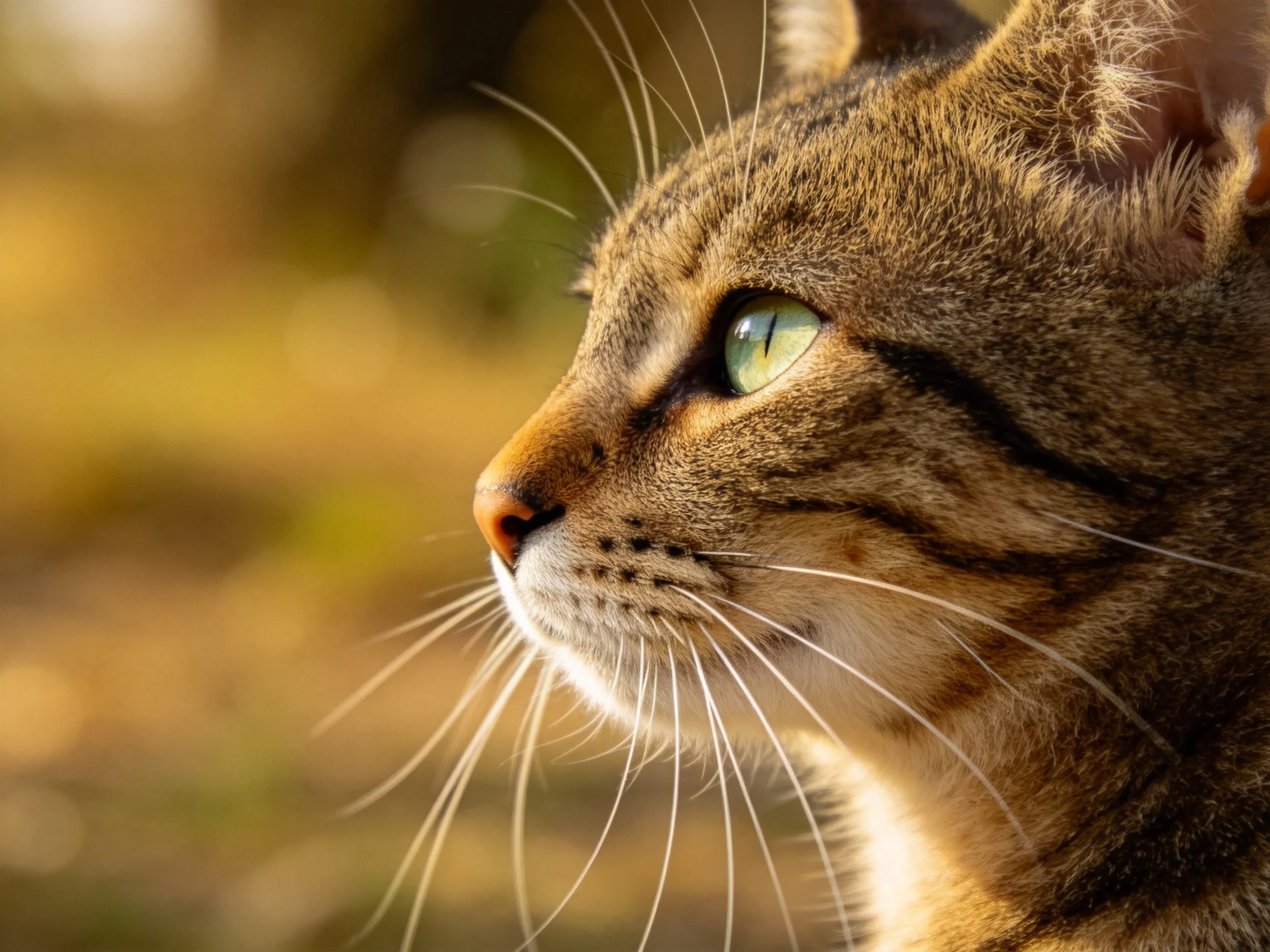 A brown tabby cat gazes thoughtfully into the distance