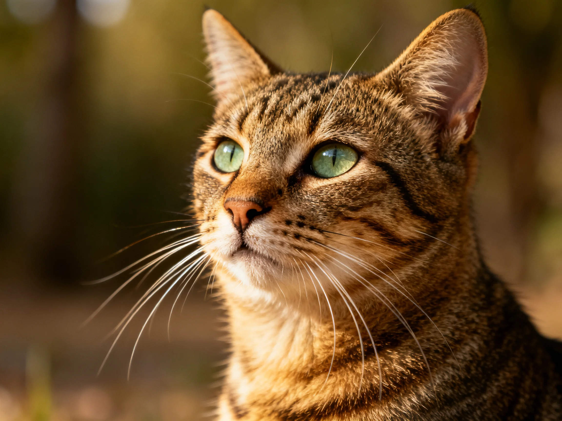 A brown tabby cat with bright green eyes looks attentively in an outdoor setting.