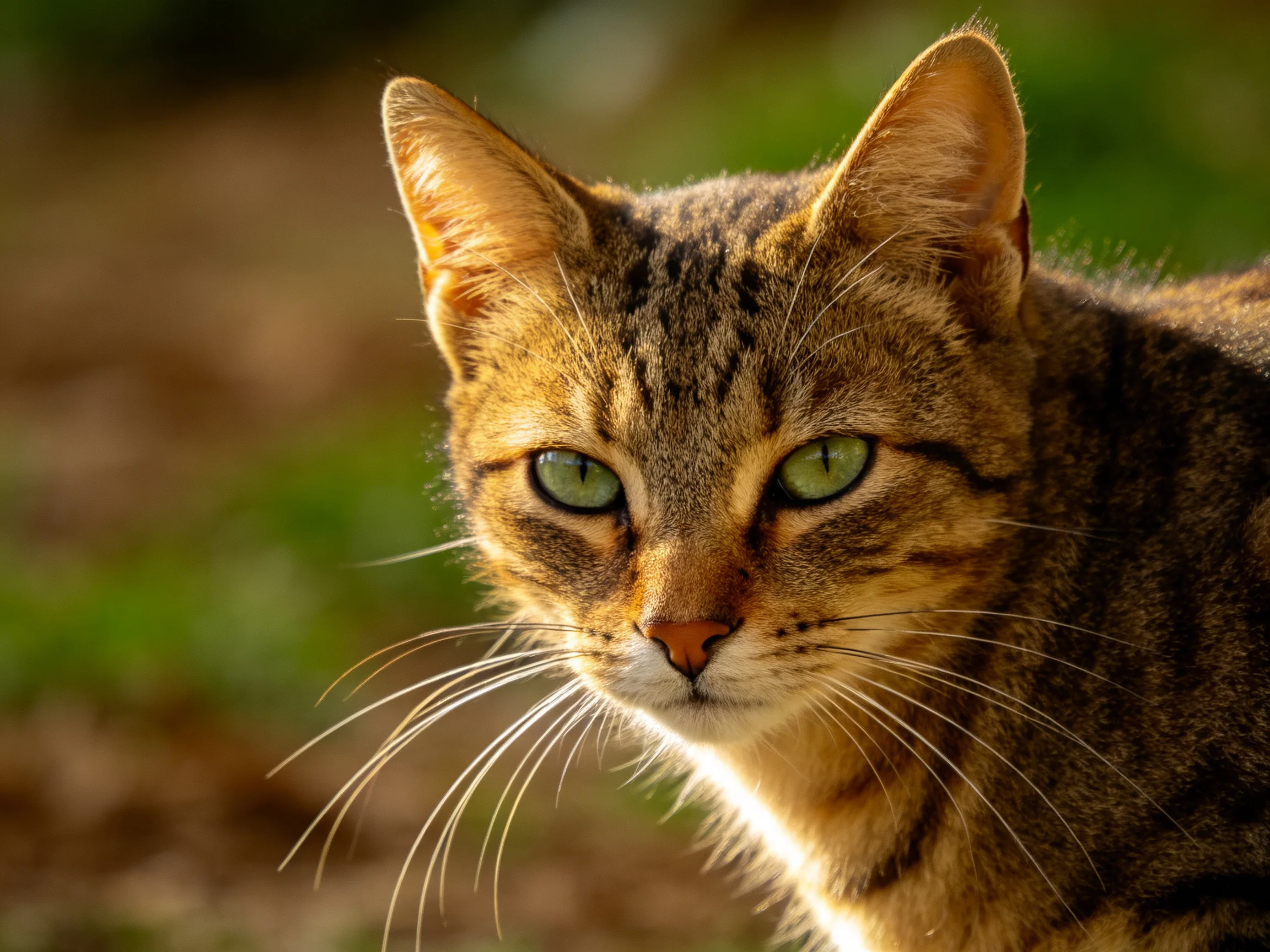 A close-up reveals a brown tabby cat with vivid green eyes.
