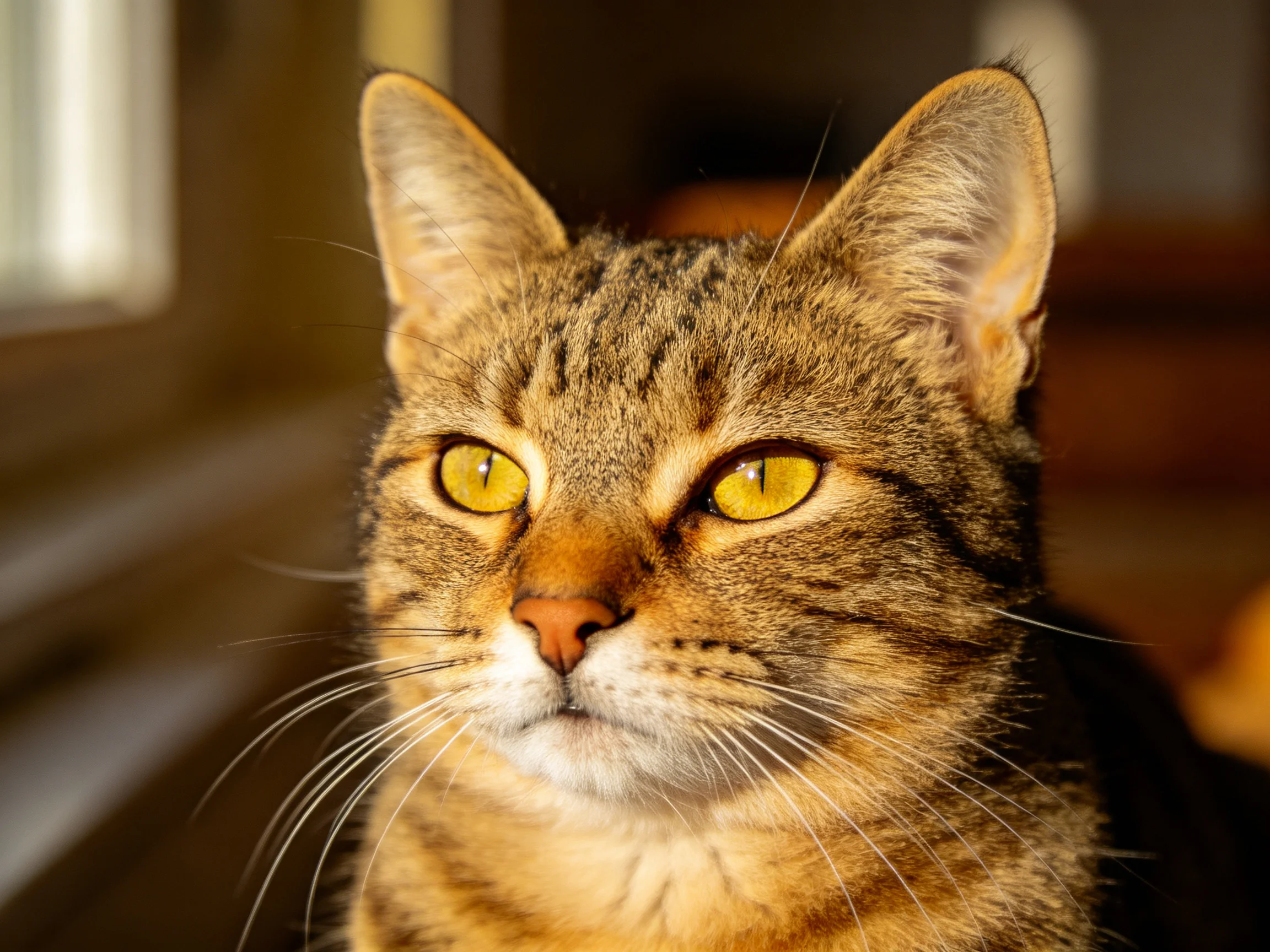 A brown tabby cat with bright yellow eyes is shown in a close-up shot.