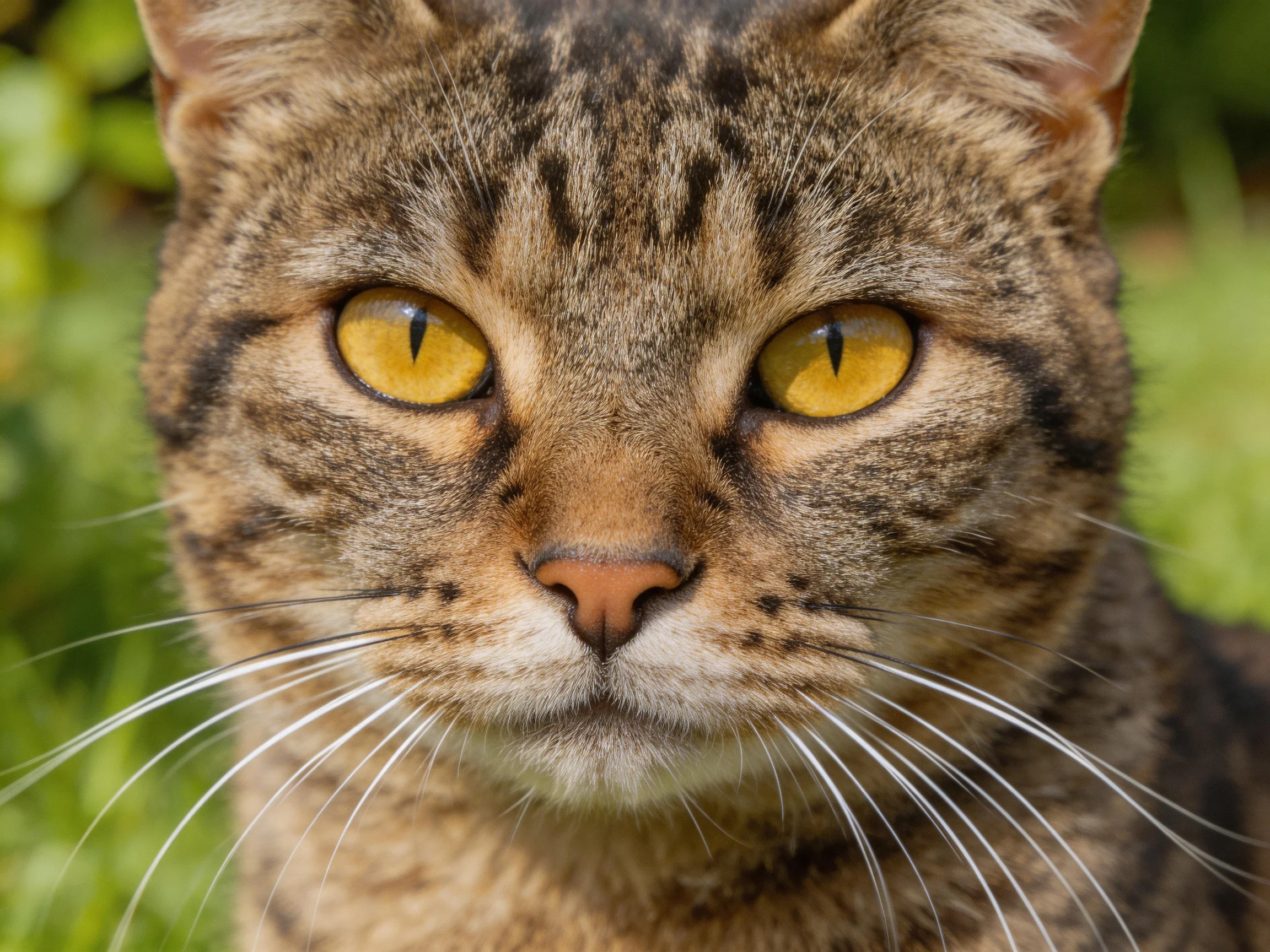 A close-up shows a brown tabby cat with bright yellow eyes in an outdoor environment.