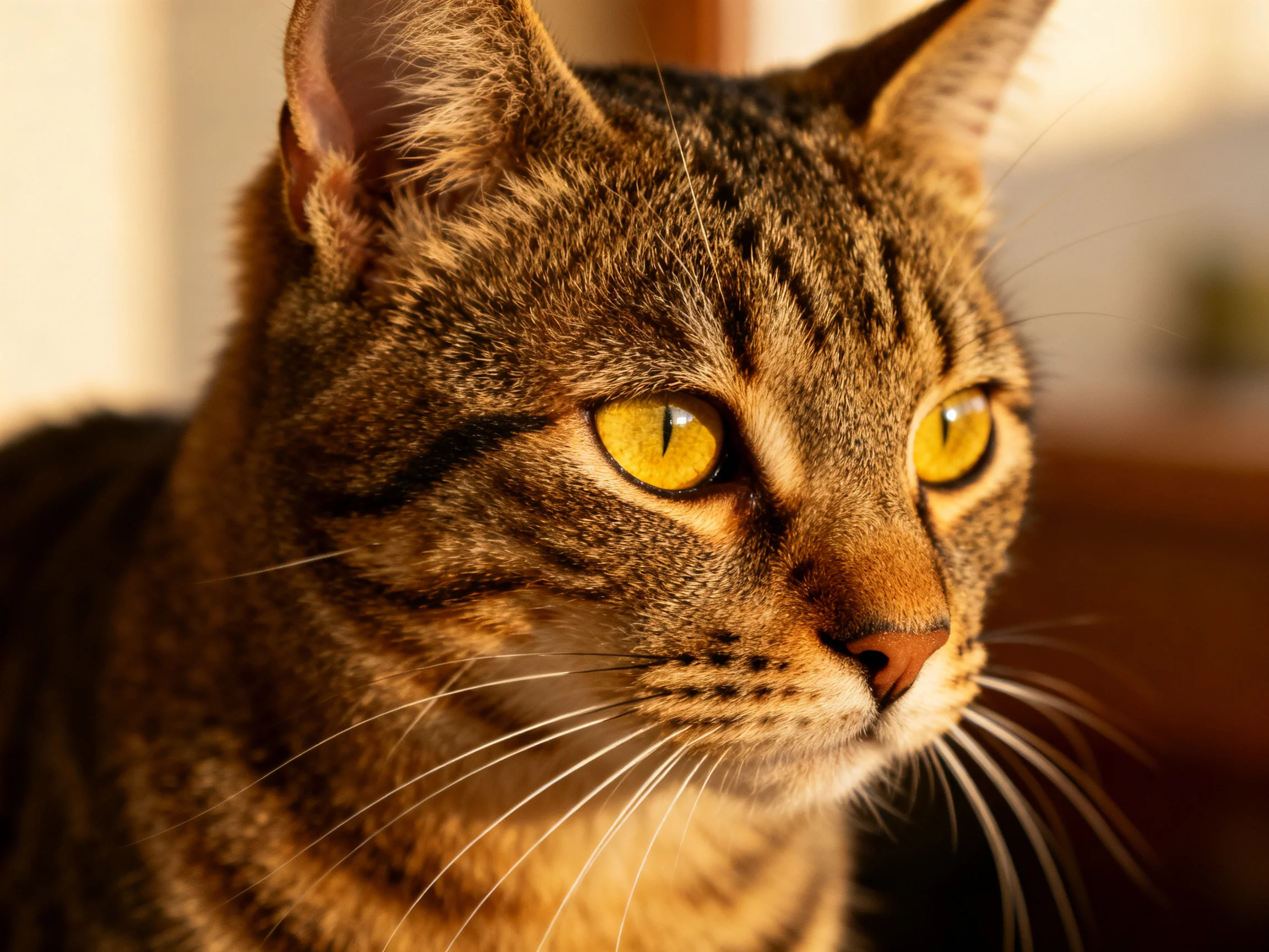 A brown tabby cat with bright yellow eyes looks attentively off-camera.