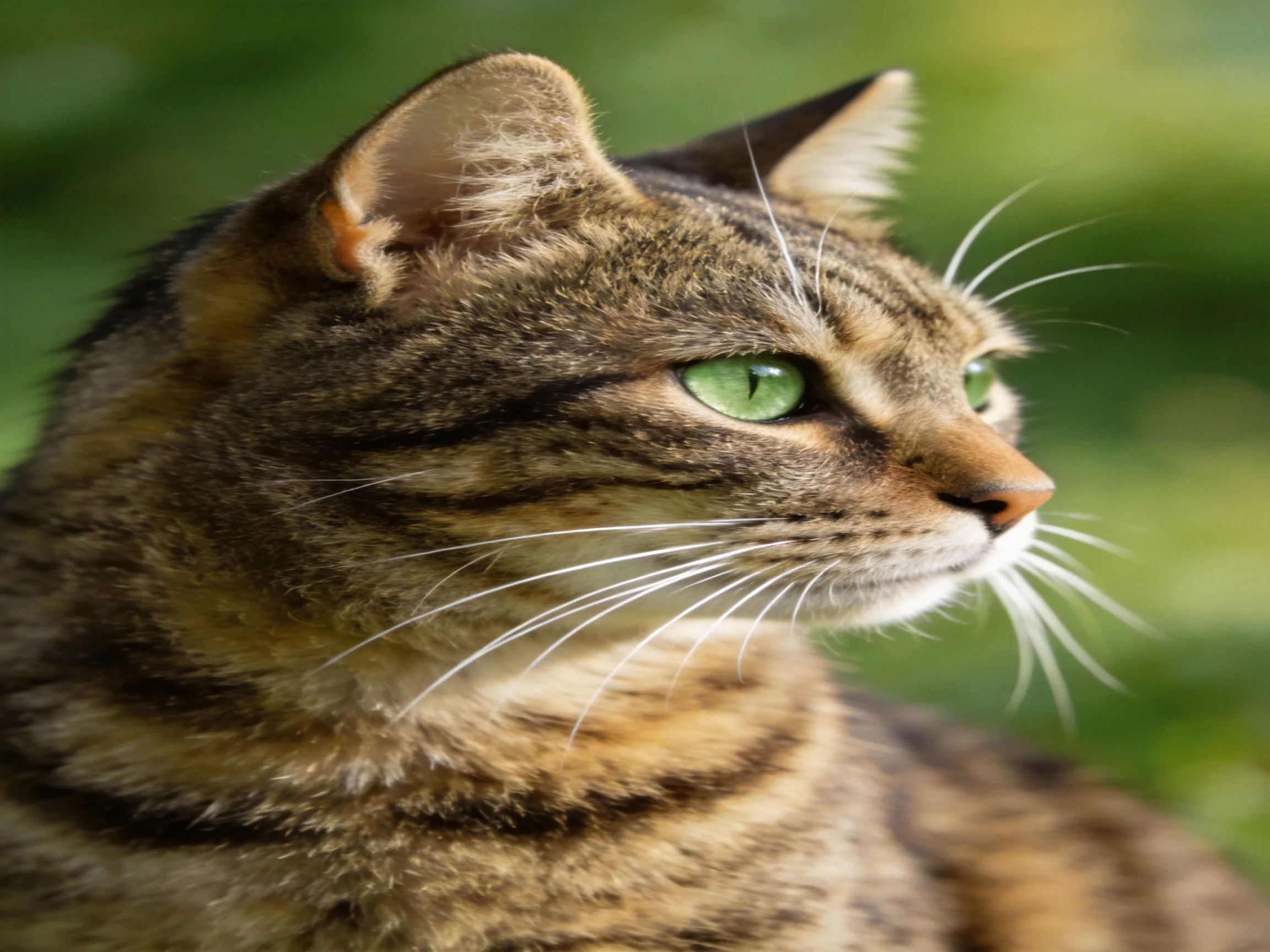 A brown tabby cat with green eyes looks attentively into the distance.