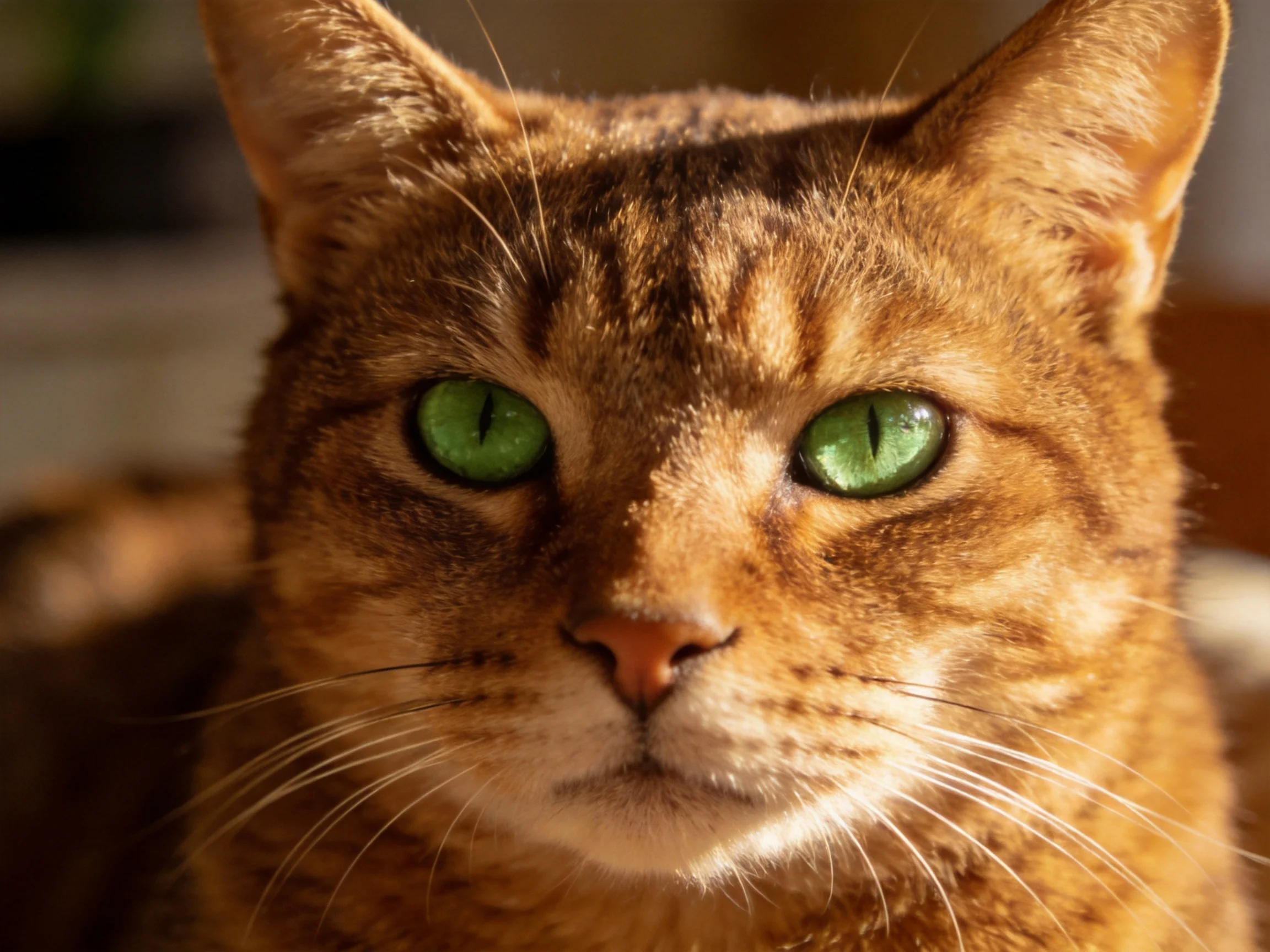 A brown tabby cat with striking green eyes is shown in a close-up view.