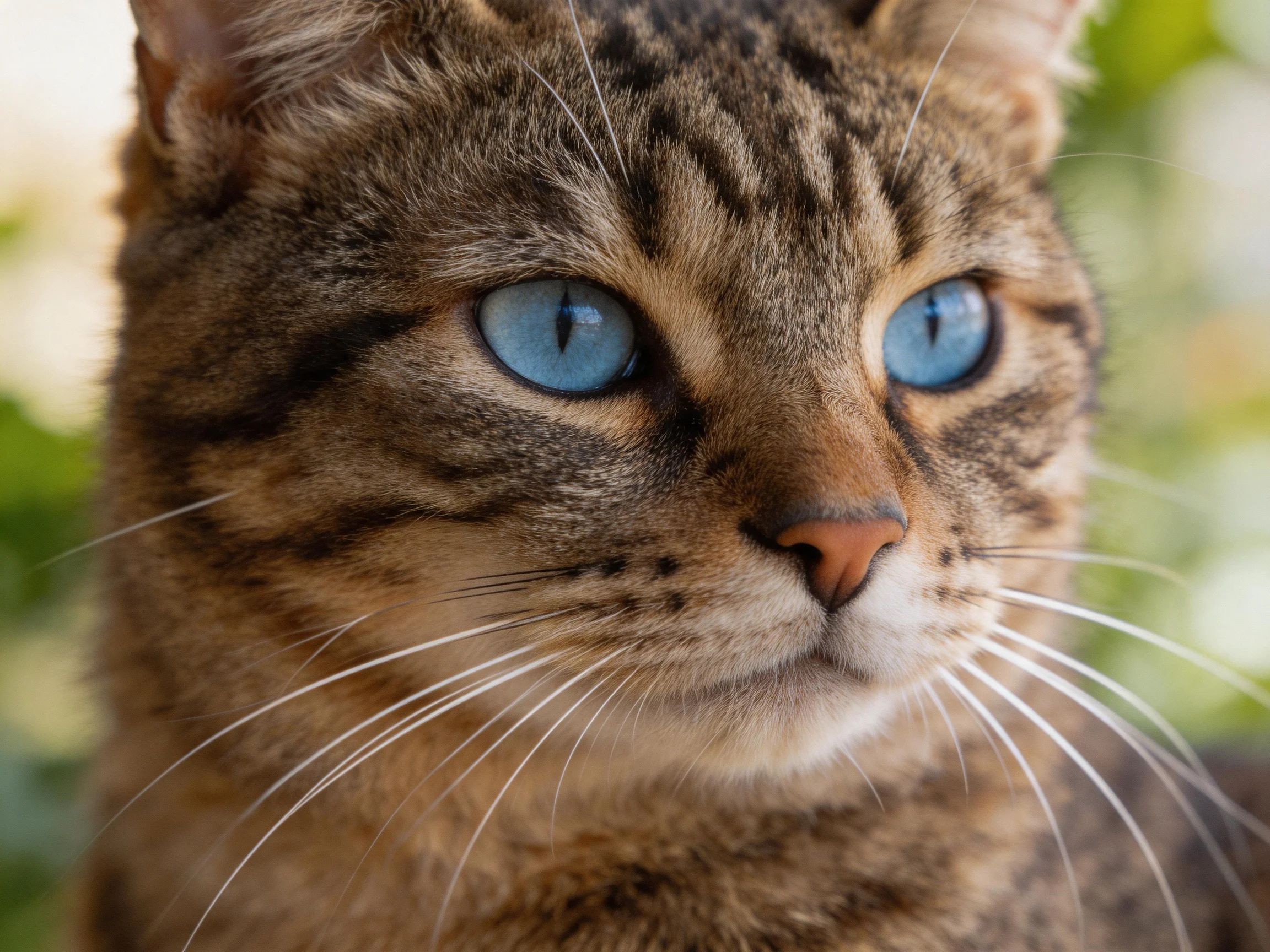Close-up of a brown tabby cat with blue eyes