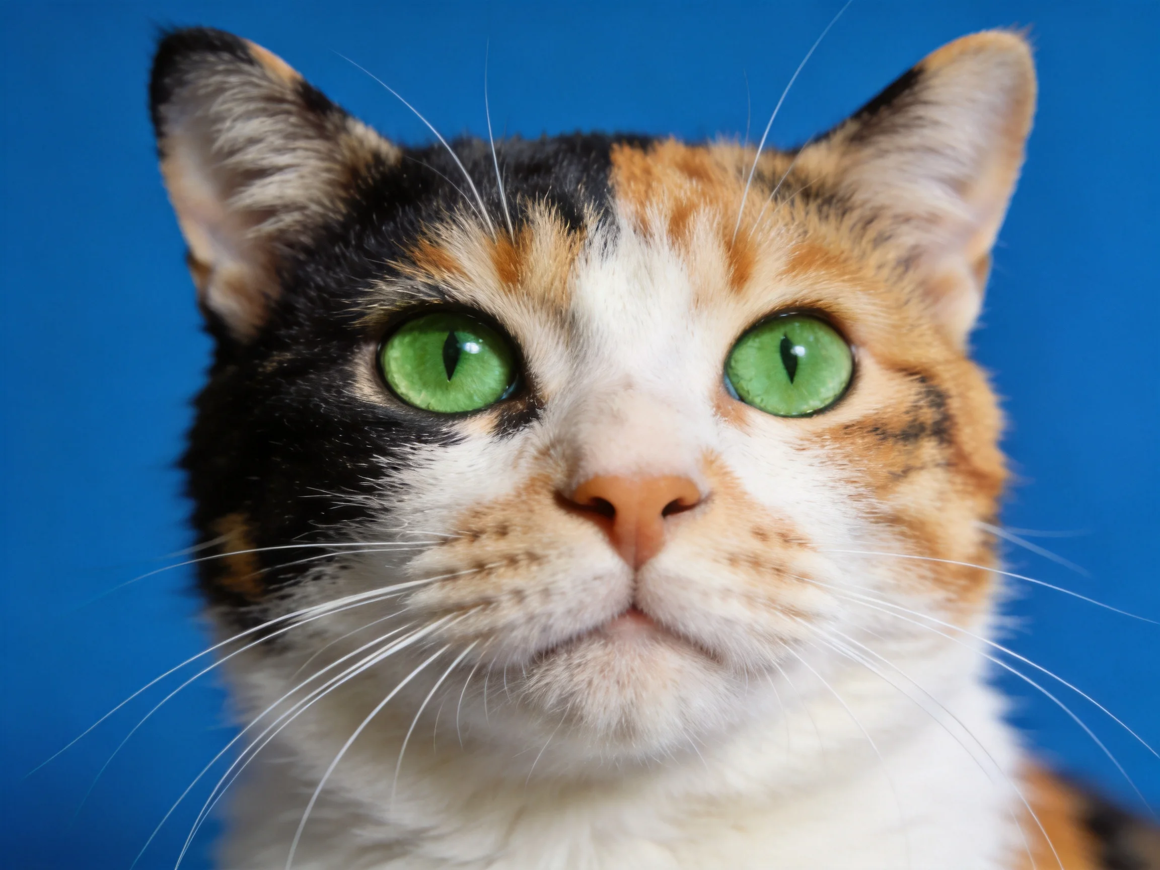A calico cat with bright green eyes is photographed up close against a blue background.