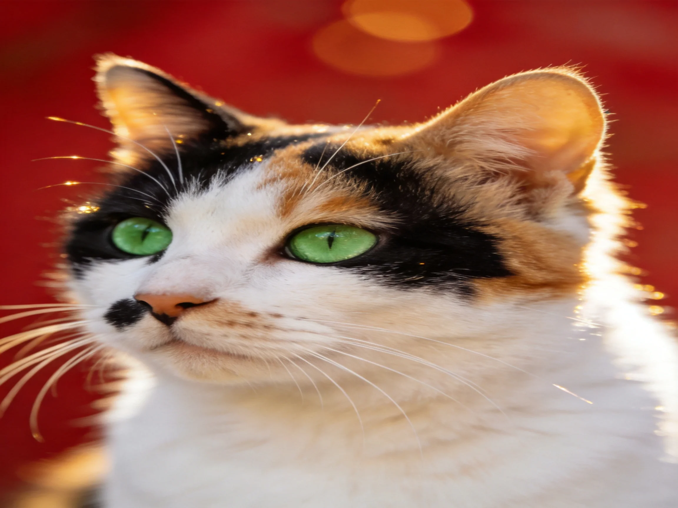 A calico cat with bright green eyes is shown up close against a red background.