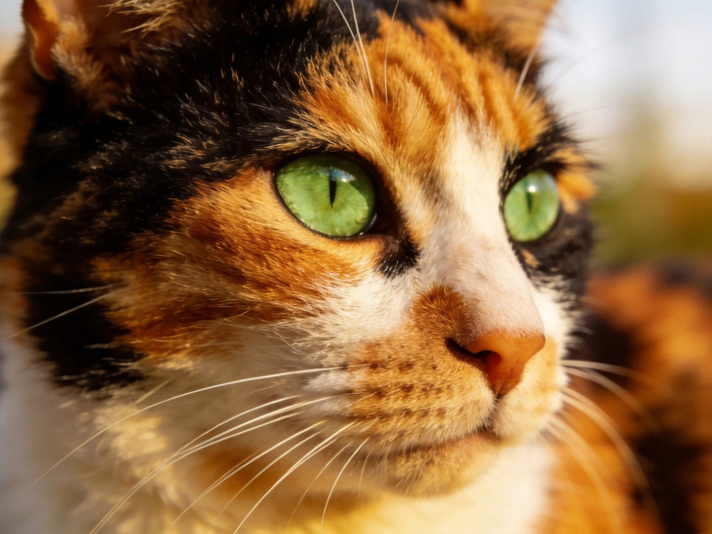 A close-up of a calico cat with bright green eyes in an outdoor setting.