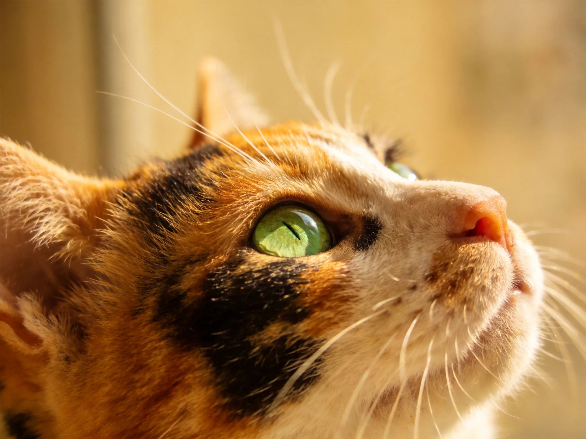 A calico cat with vivid green eyes looks upward in a softly lit environment.