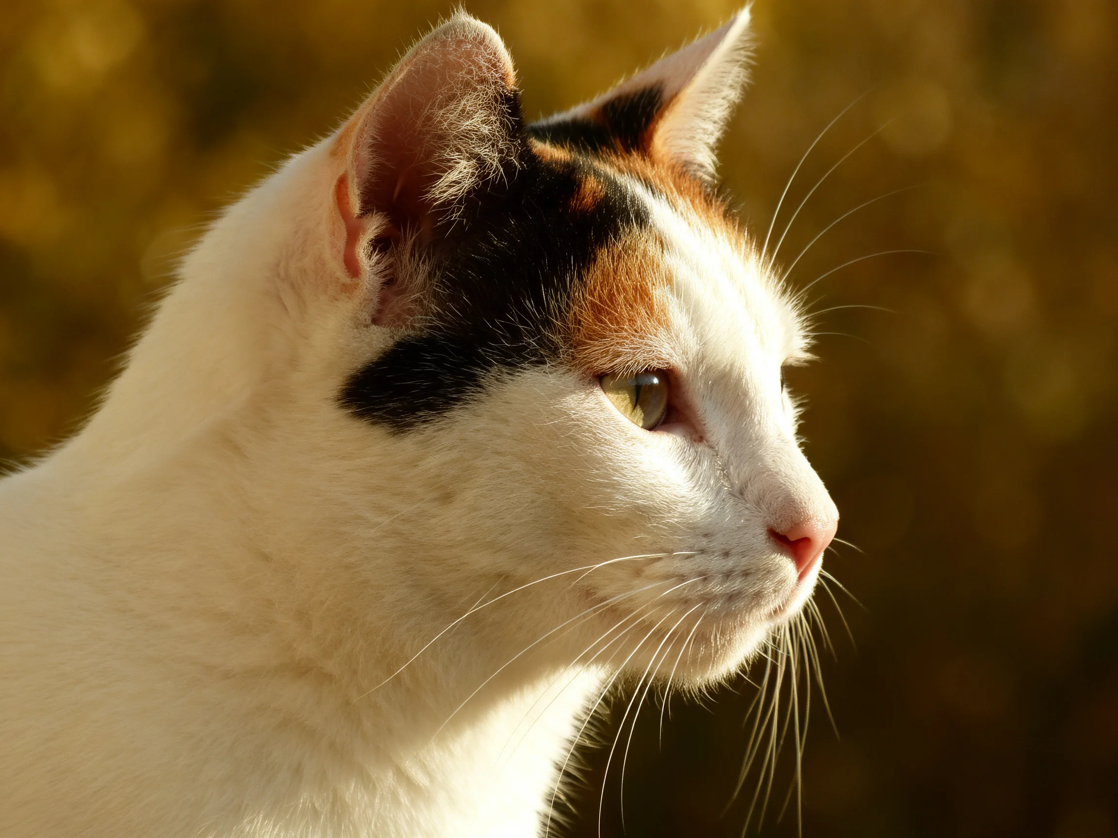 A calico cat gazes intently in profile with a blurred golden backdrop.