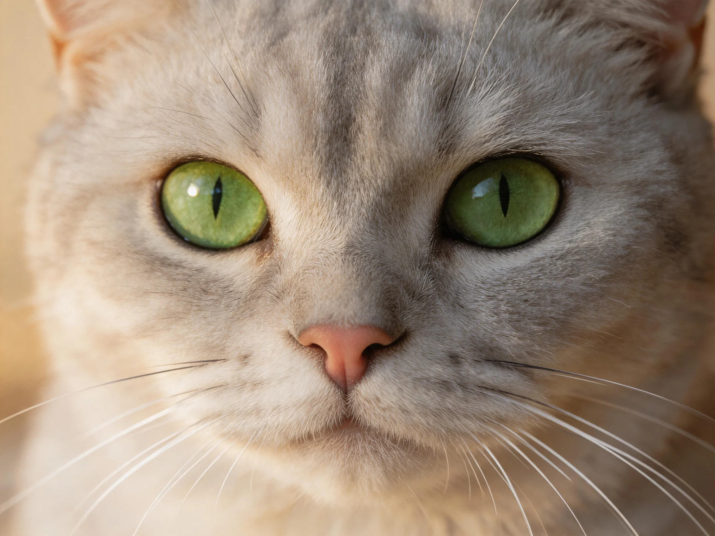 A cat with bright green eyes and soft gray fur is shown in a close-up photograph.