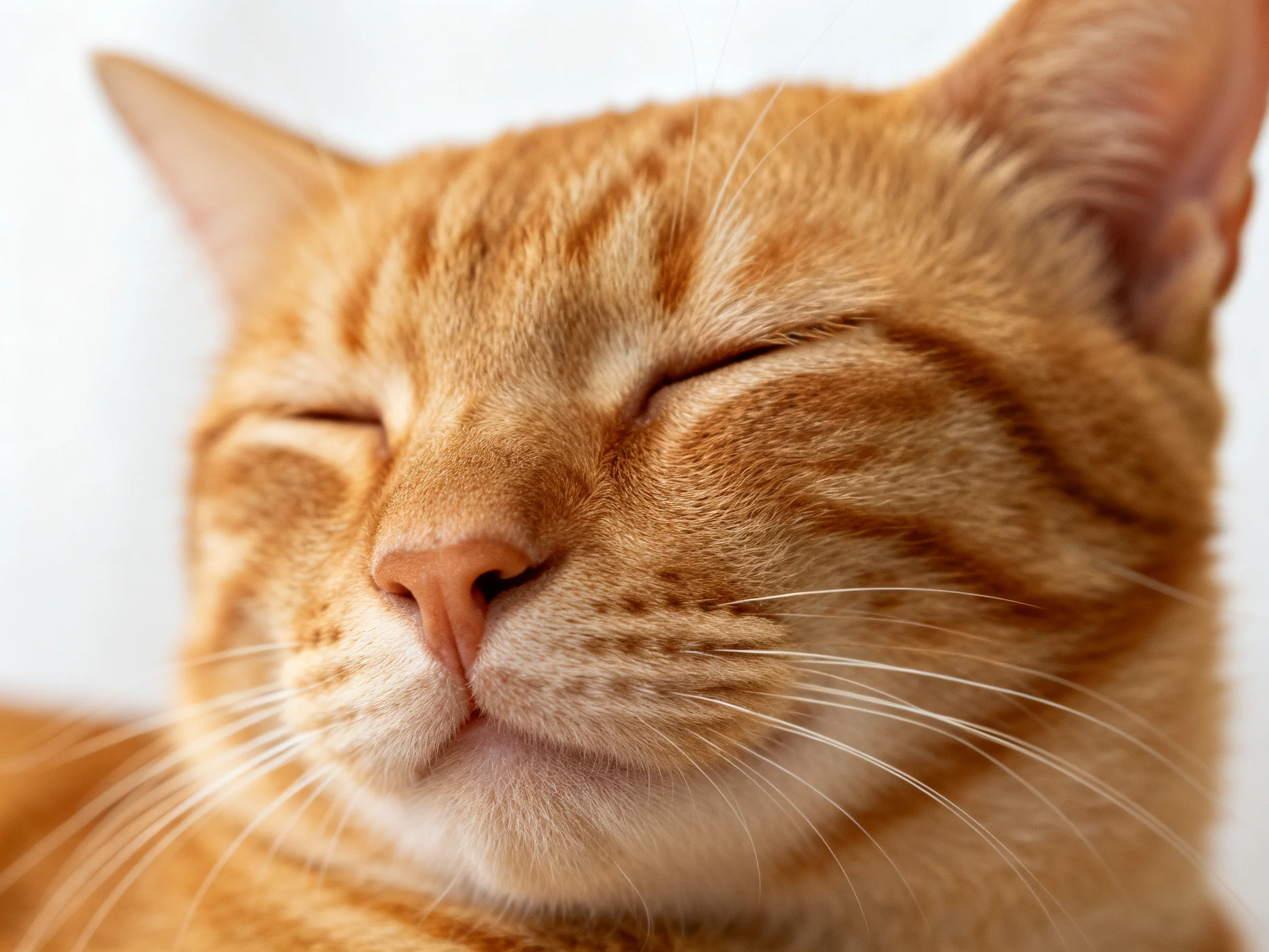 A close-up of a content orange tabby cat with closed eyes